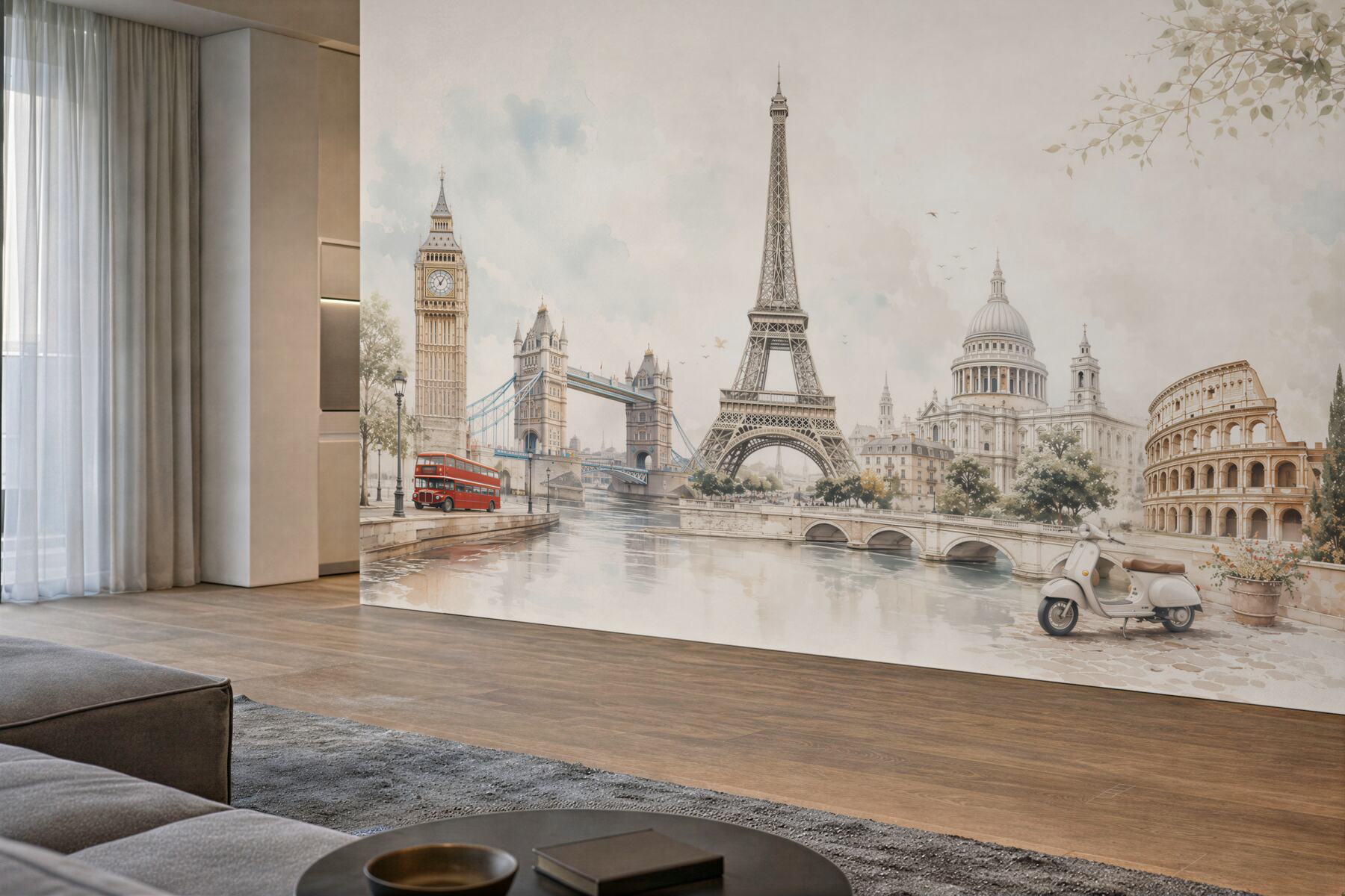 Fototapeta europejskie zabytki w pastelowej akwareli do eleganckiego salonu?v23