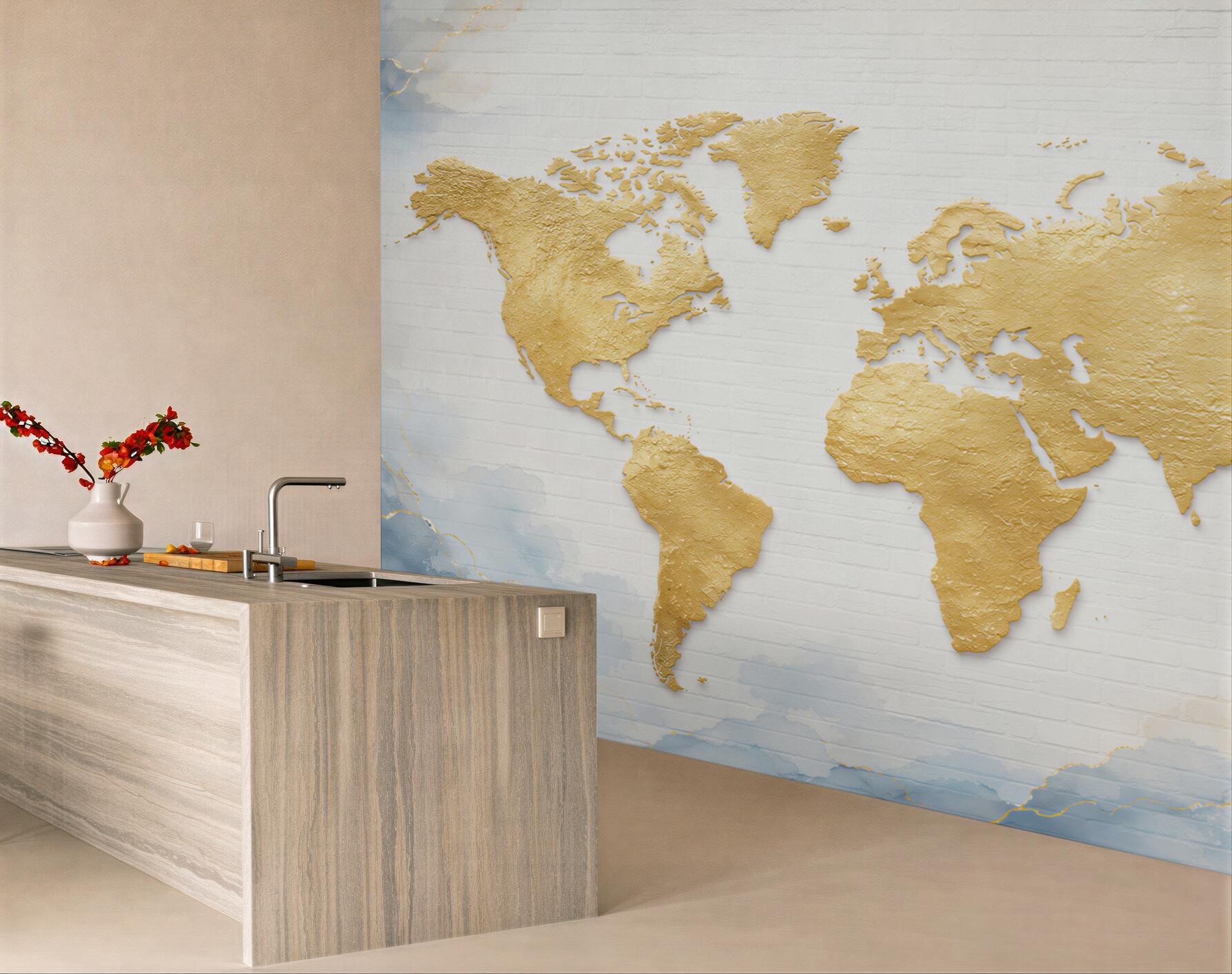 Fototapeta mapa świata złota na białej cegle elegancka?v23