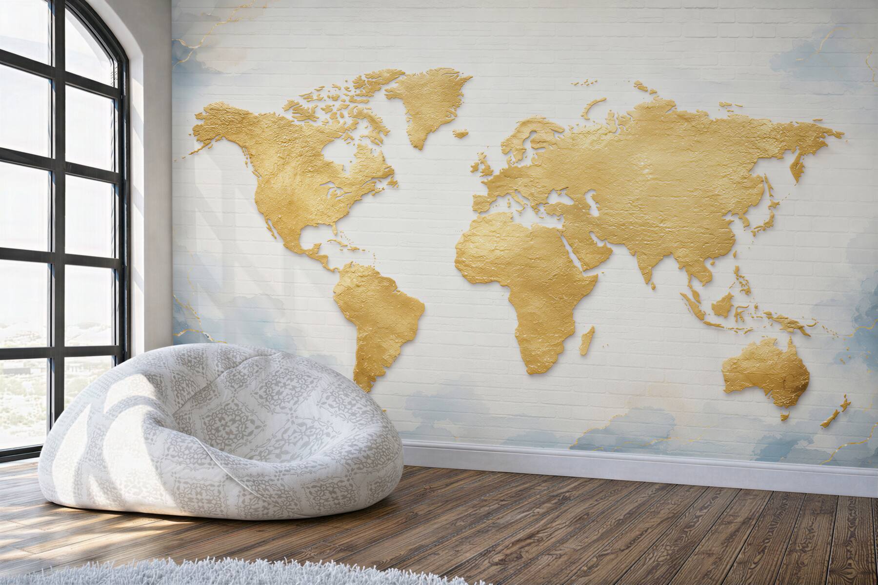 Fototapeta mapa świata złota na białej cegle elegancka