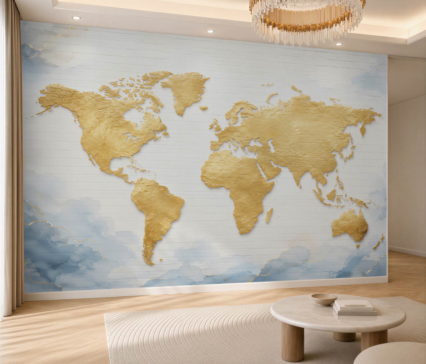 Fototapeta mapa świata złota na białej cegle elegancka?v23
