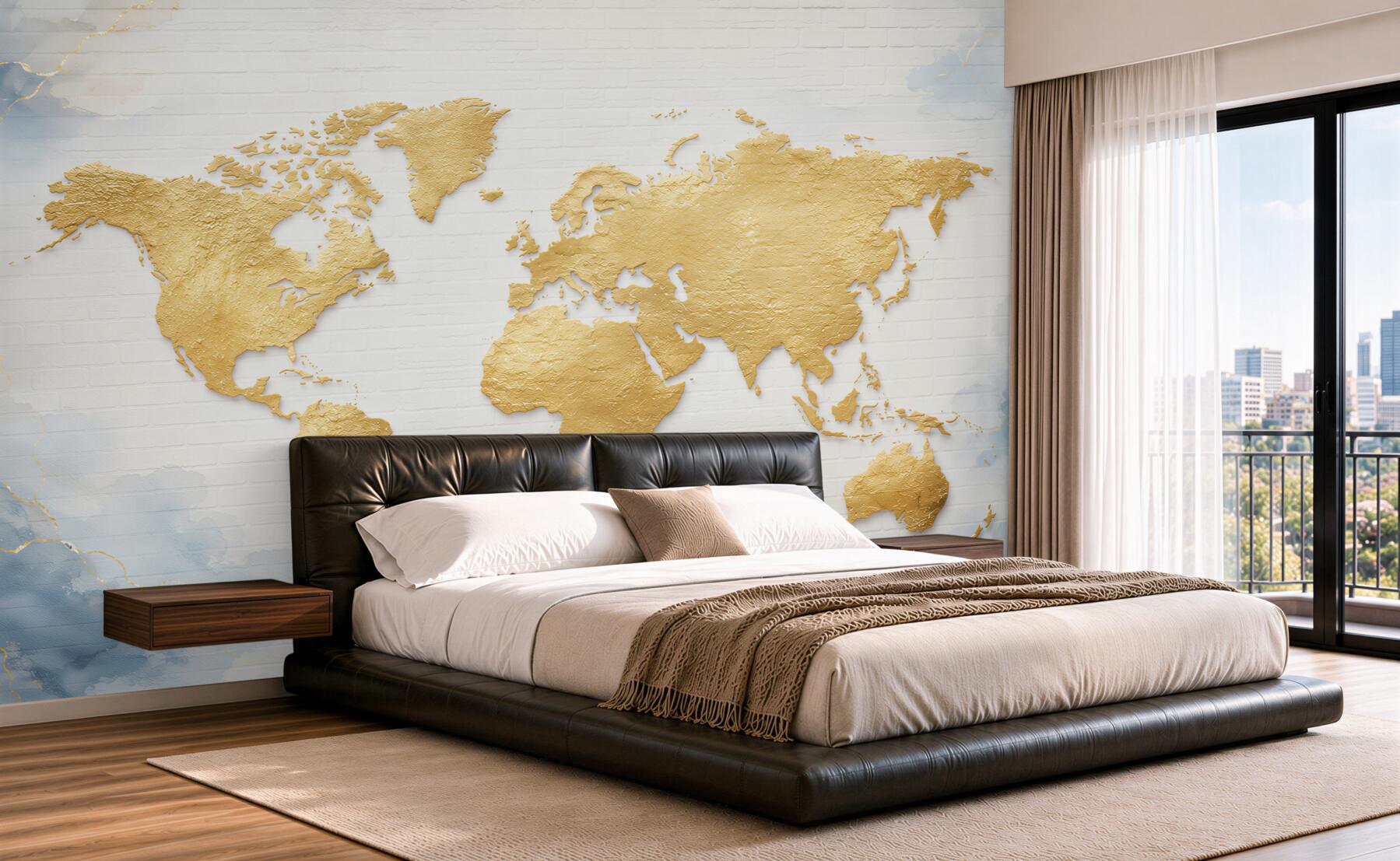 Fototapeta mapa świata złota na białej cegle elegancka?v23