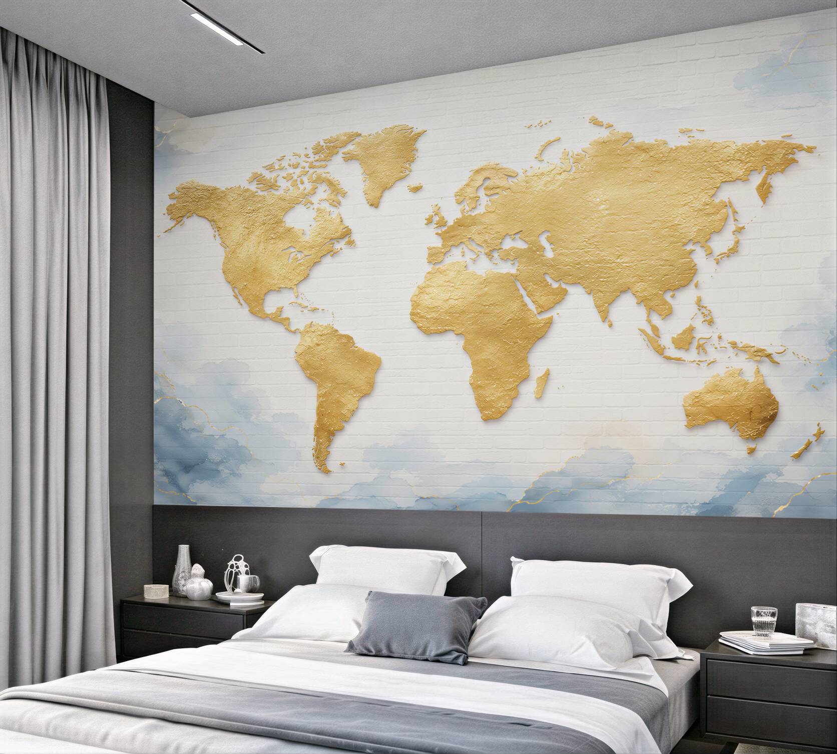 Fototapeta mapa świata złota na białej cegle elegancka?v23