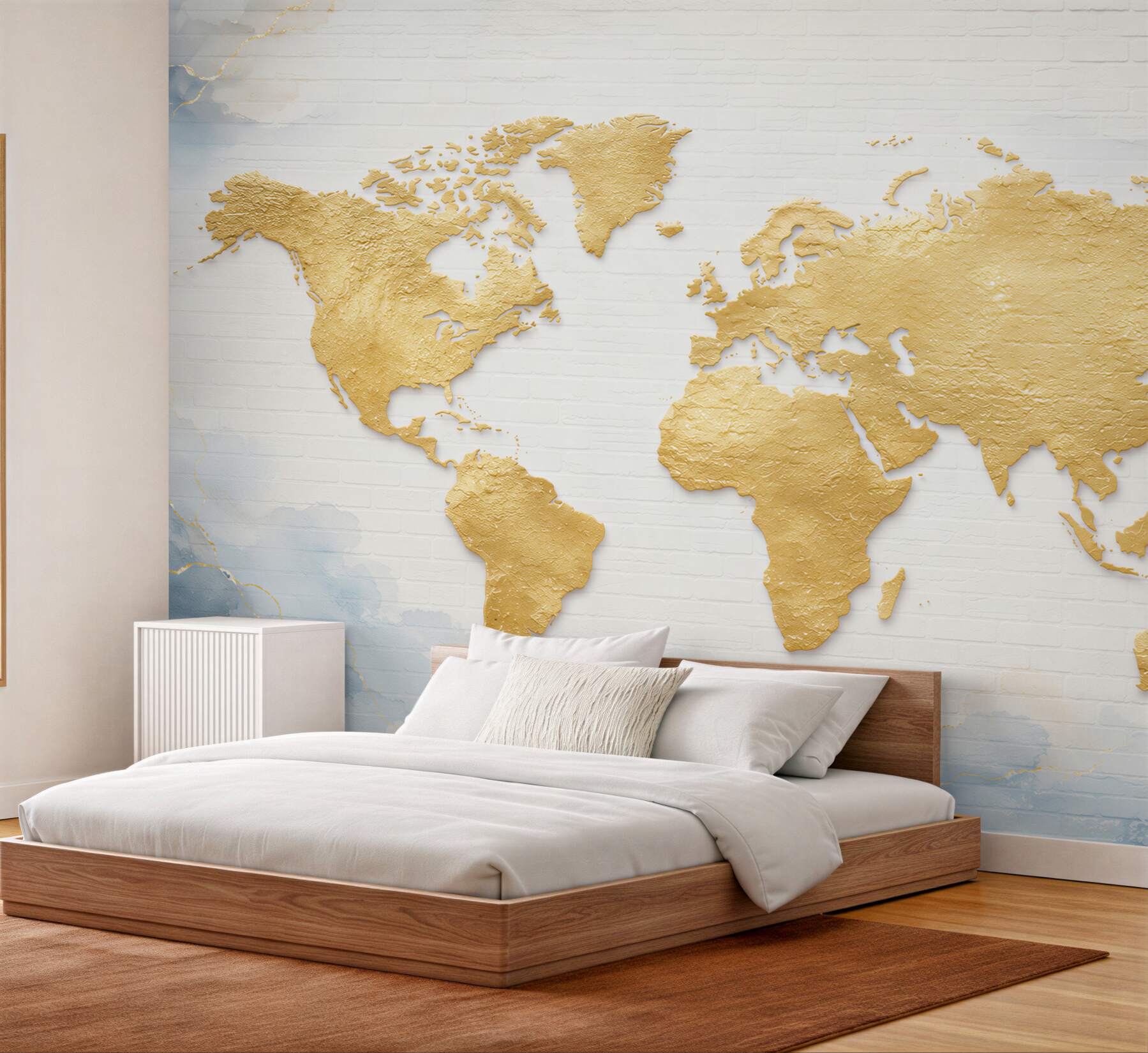 Fototapeta mapa świata złota na białej cegle elegancka?v23
