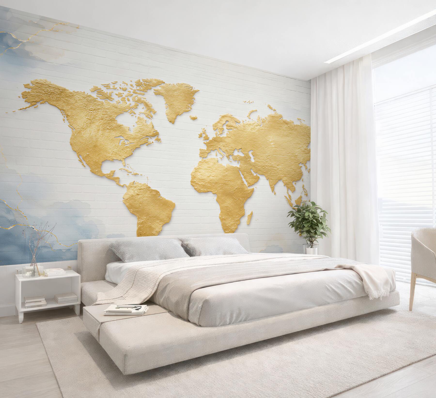 Fototapeta mapa świata złota na białej cegle elegancka?v23