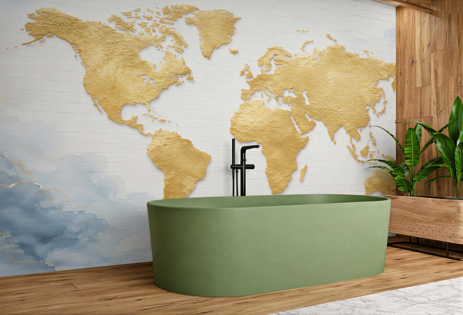 Fototapeta mapa świata złota na białej cegle elegancka?v23