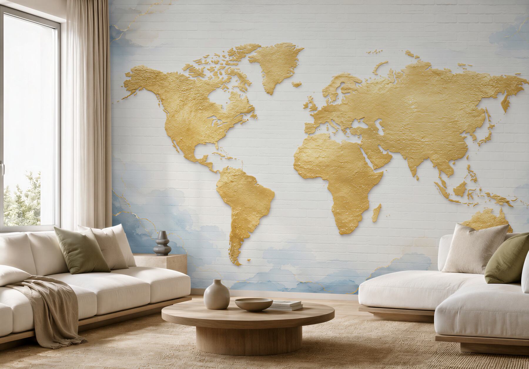 Fototapeta mapa świata złota na białej cegle elegancka?v23