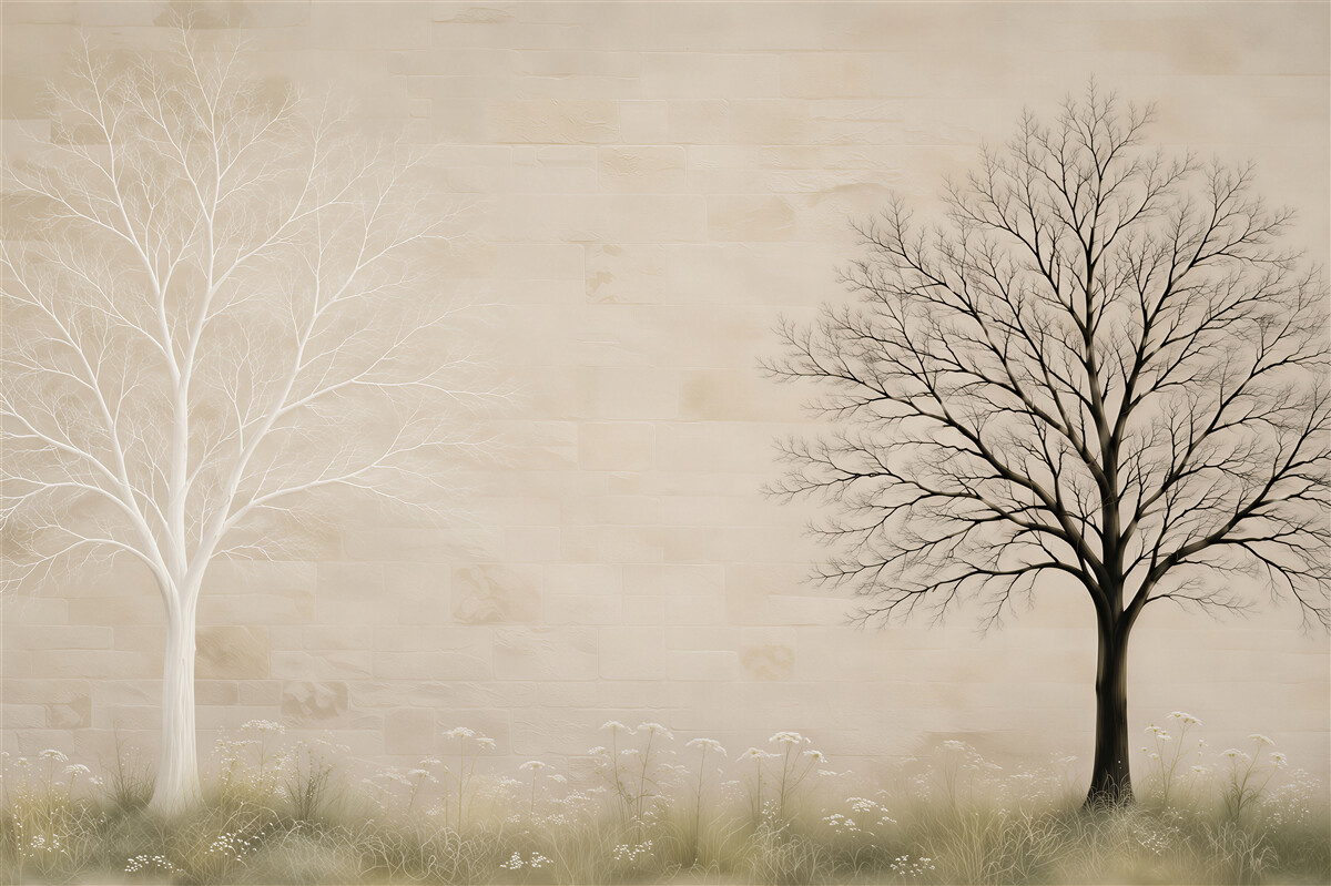 Fototapeta drzewa minimalistyczne beżowe spokojny pejzaż