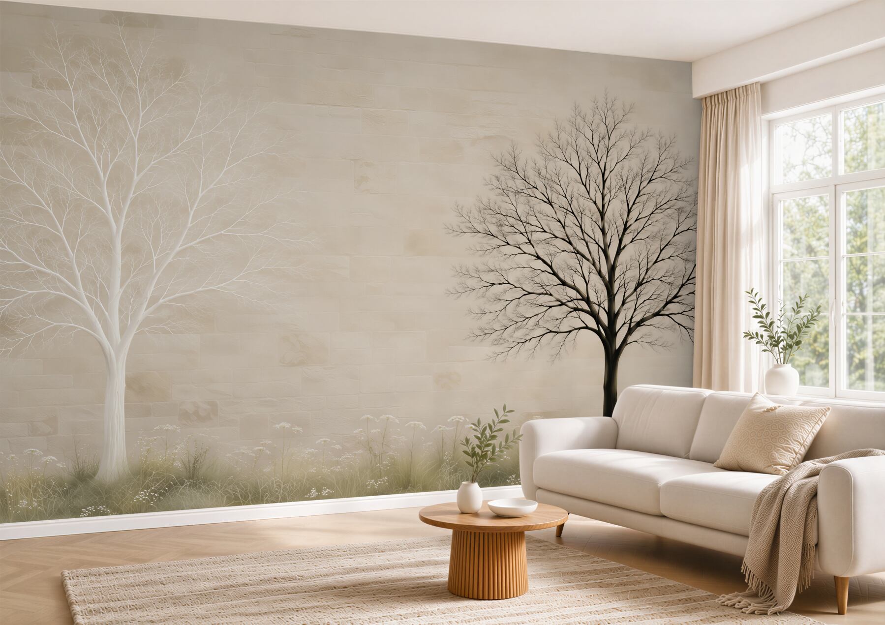 Fototapeta drzewa minimalistyczne beżowe spokojny pejzaż?v23