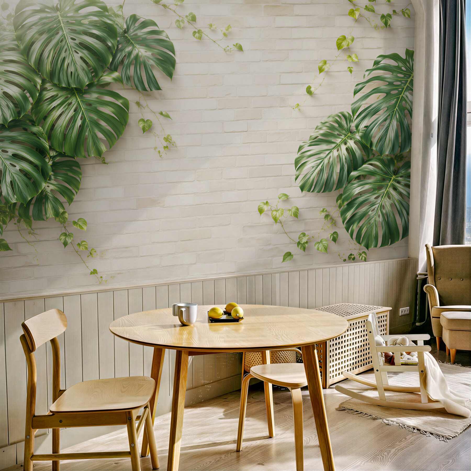 Fototapeta liście monstery na białej cegle w stylu urban jungle?v23