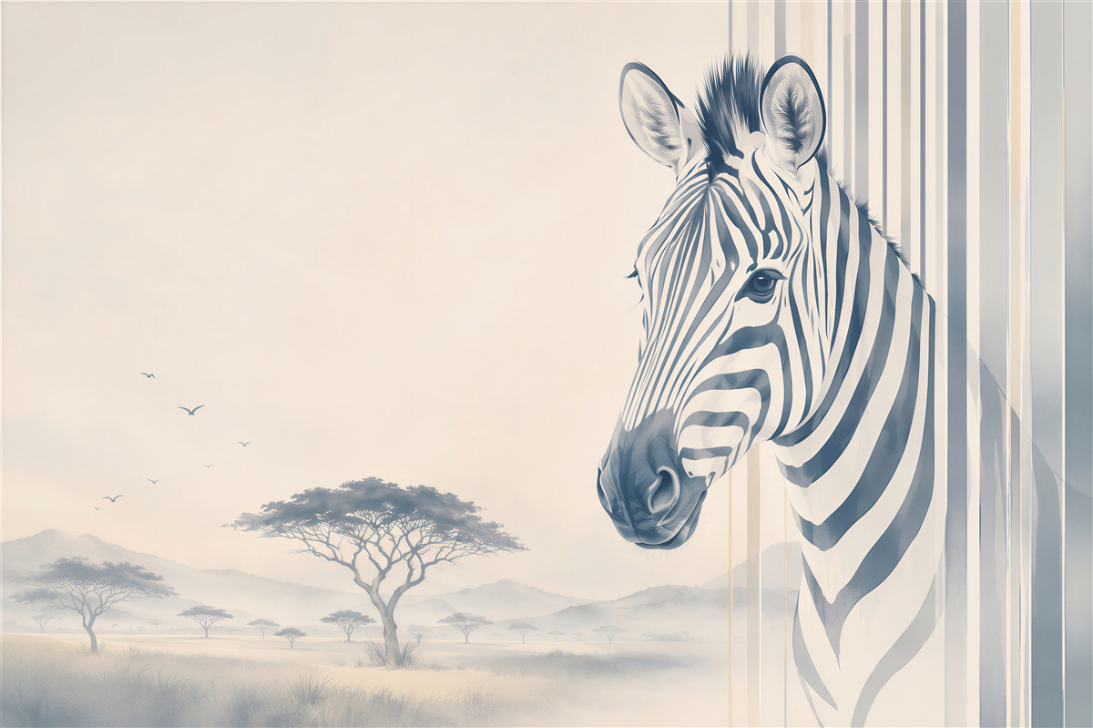 Fototapeta zebra na sawannie beżowo szara nowoczesna