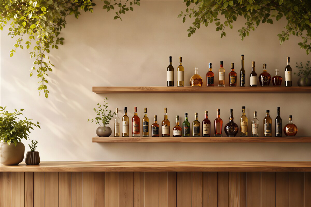 Fototapeta półki z butelkami wina i zielenią do restauracji