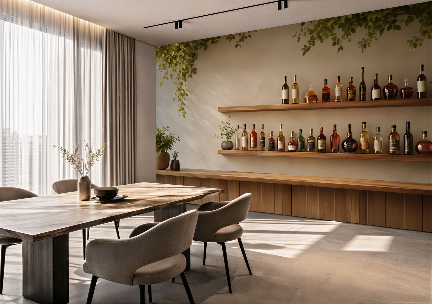 Fototapeta półki z butelkami wina i zielenią do restauracji?v23