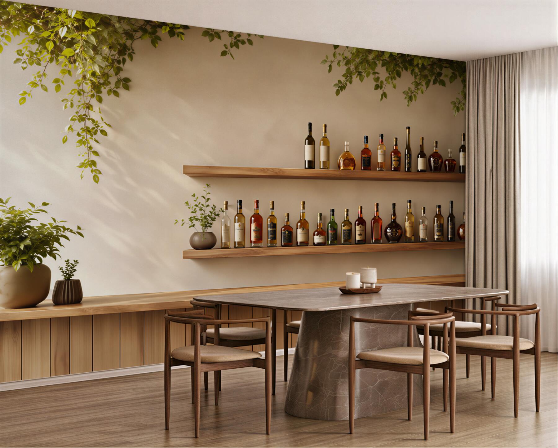 Fototapeta półki z butelkami wina i zielenią do restauracji?v23