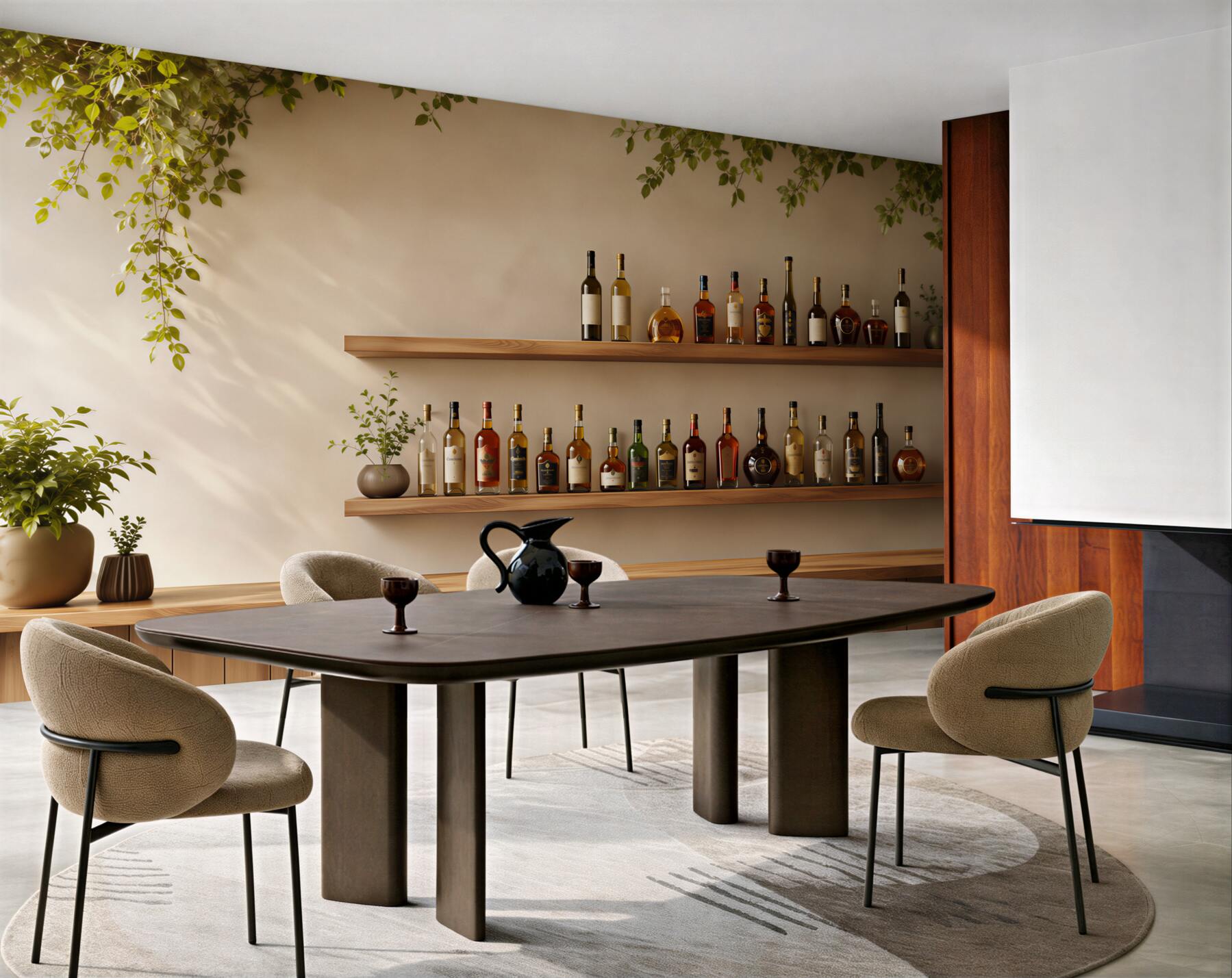 Fototapeta półki z butelkami wina i zielenią do restauracji?v23