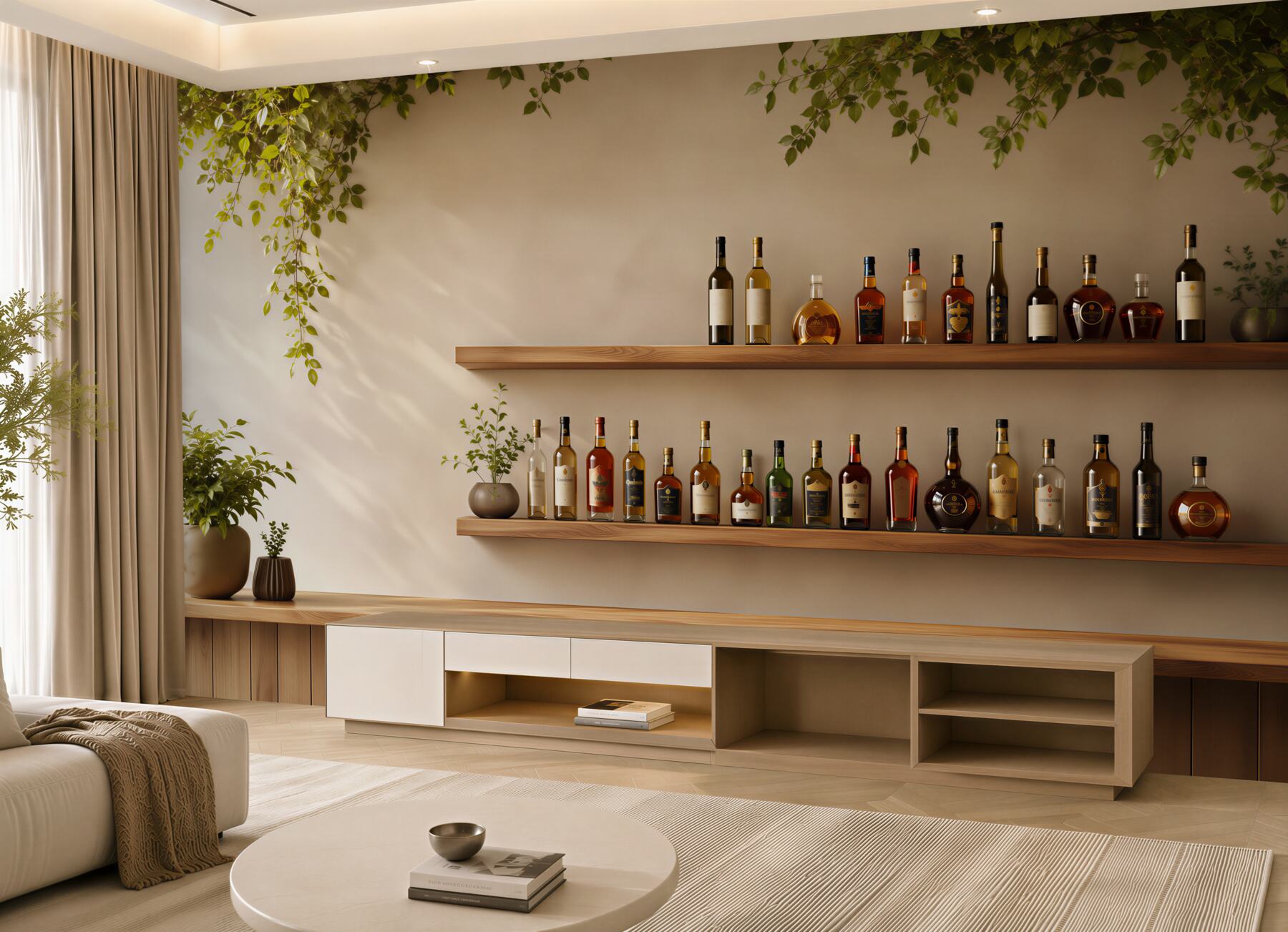 Fototapeta półki z butelkami wina i zielenią do restauracji?v23
