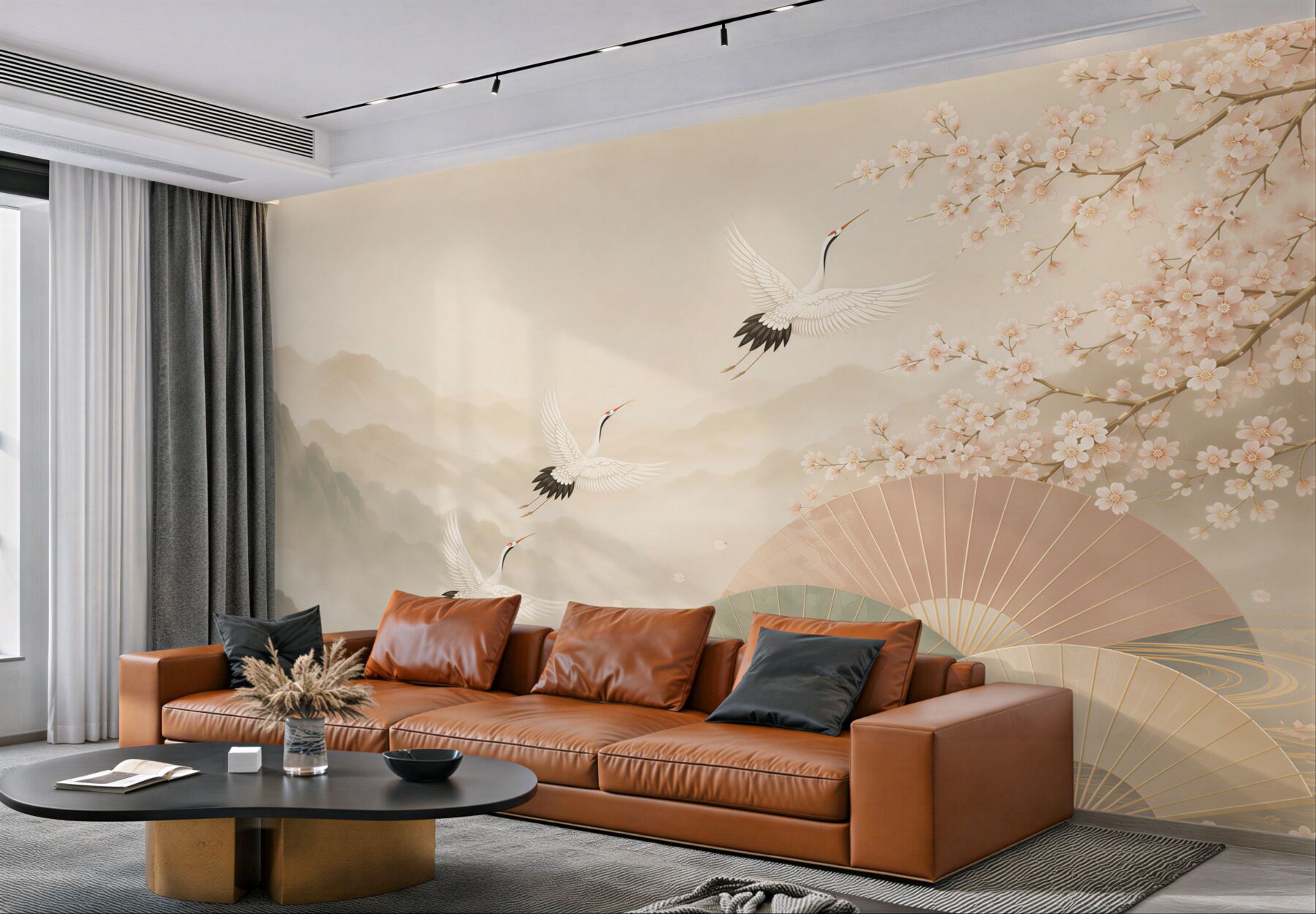 Fototapeta żurawie i kwiaty wiśni w stylu japońskim beżowa elegancka?v23