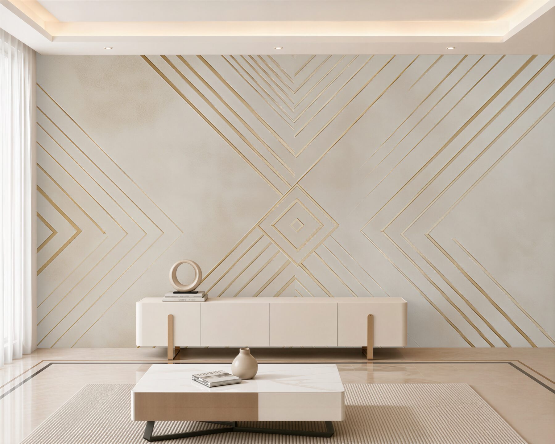 Fototapeta geometryczny art deco beżowa ze złotymi liniami do salonu?v23