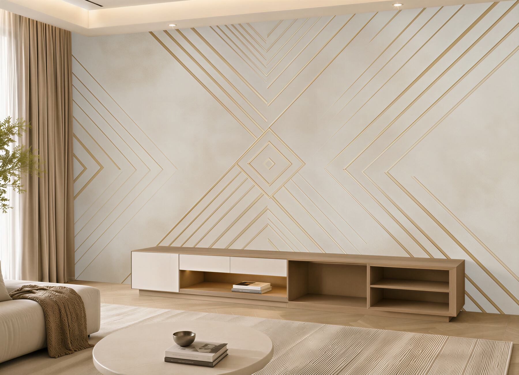 Fototapeta geometryczny art deco beżowa ze złotymi liniami do salonu?v23