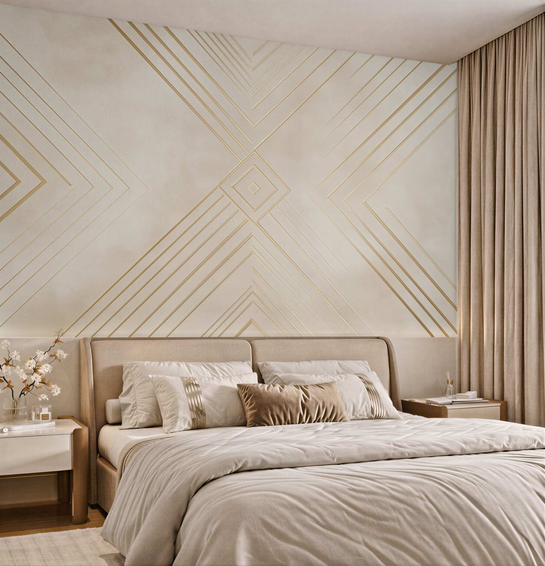 Fototapeta geometryczny art deco beżowa ze złotymi liniami do salonu?v23