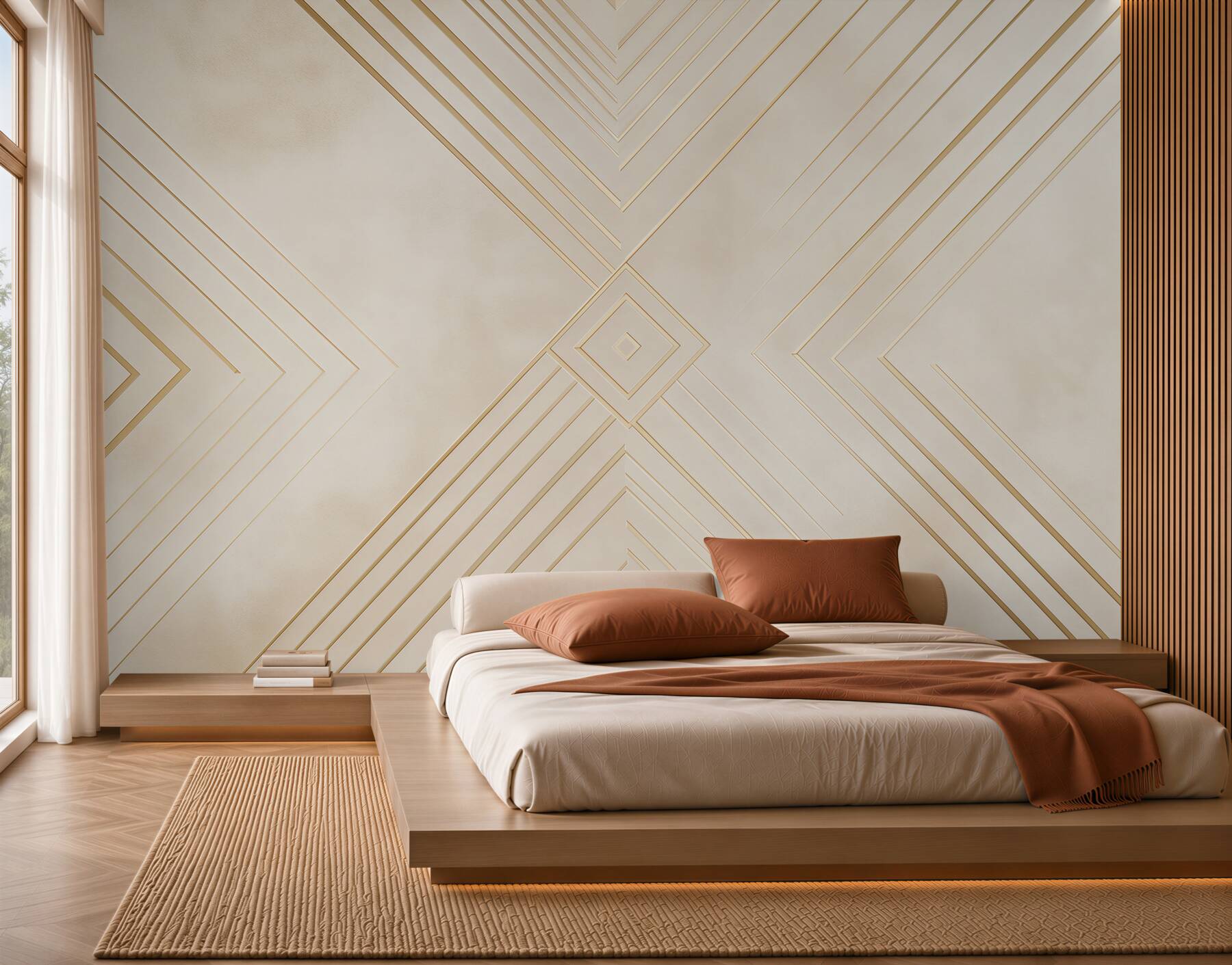 Fototapeta geometryczny art deco beżowa ze złotymi liniami do salonu?v23