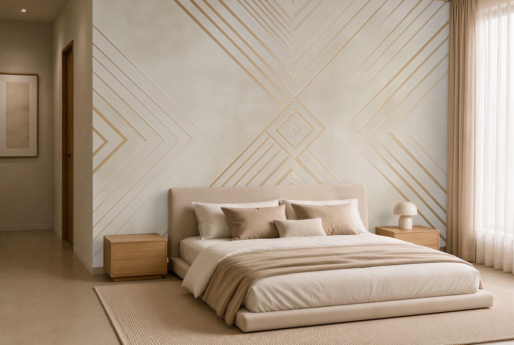 Fototapeta geometryczny art deco beżowa ze złotymi liniami do salonu?v23