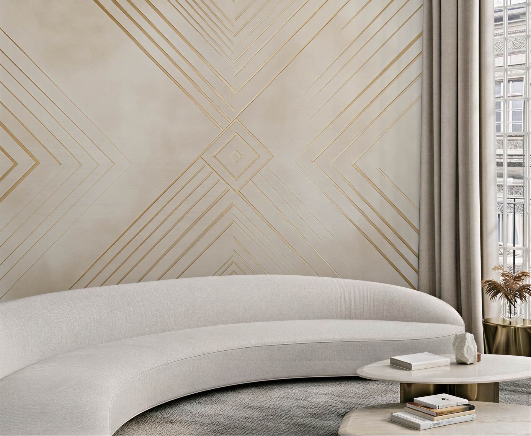 Fototapeta geometryczny art deco beżowa ze złotymi liniami do salonu?v23