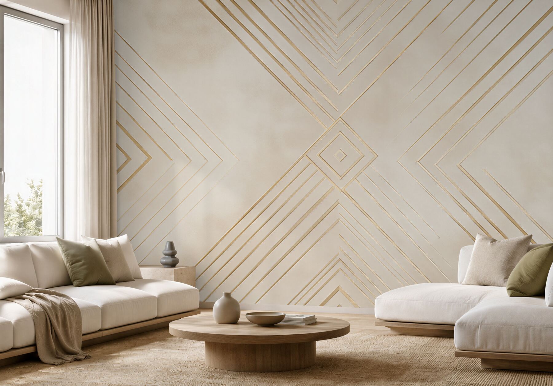 Fototapeta geometryczny art deco beżowa ze złotymi liniami do salonu?v23
