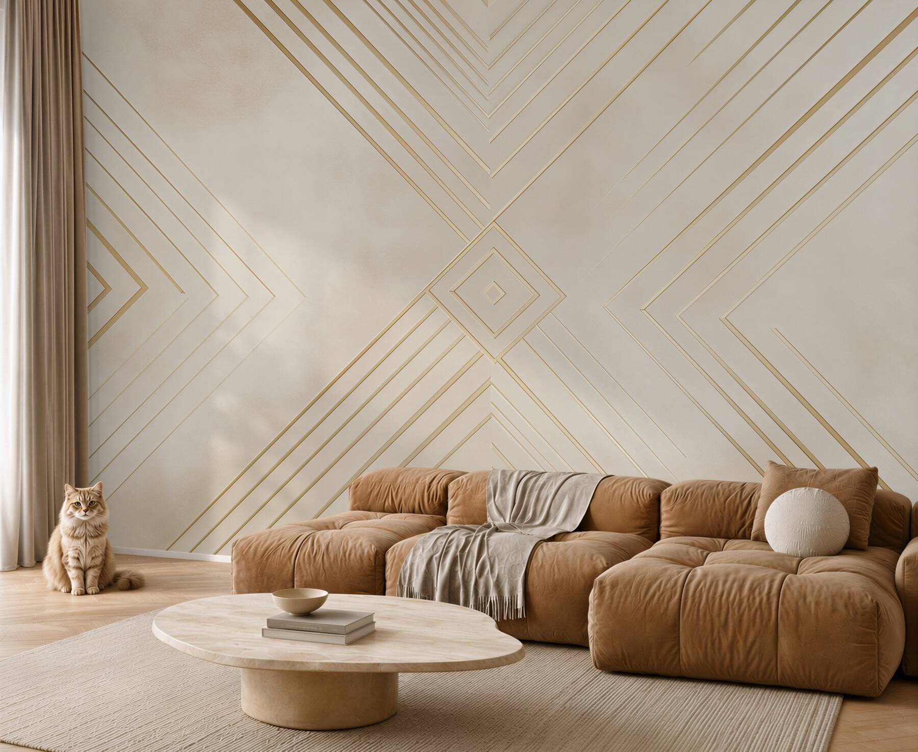 Fototapeta geometryczny art deco beżowa ze złotymi liniami do salonu?v23