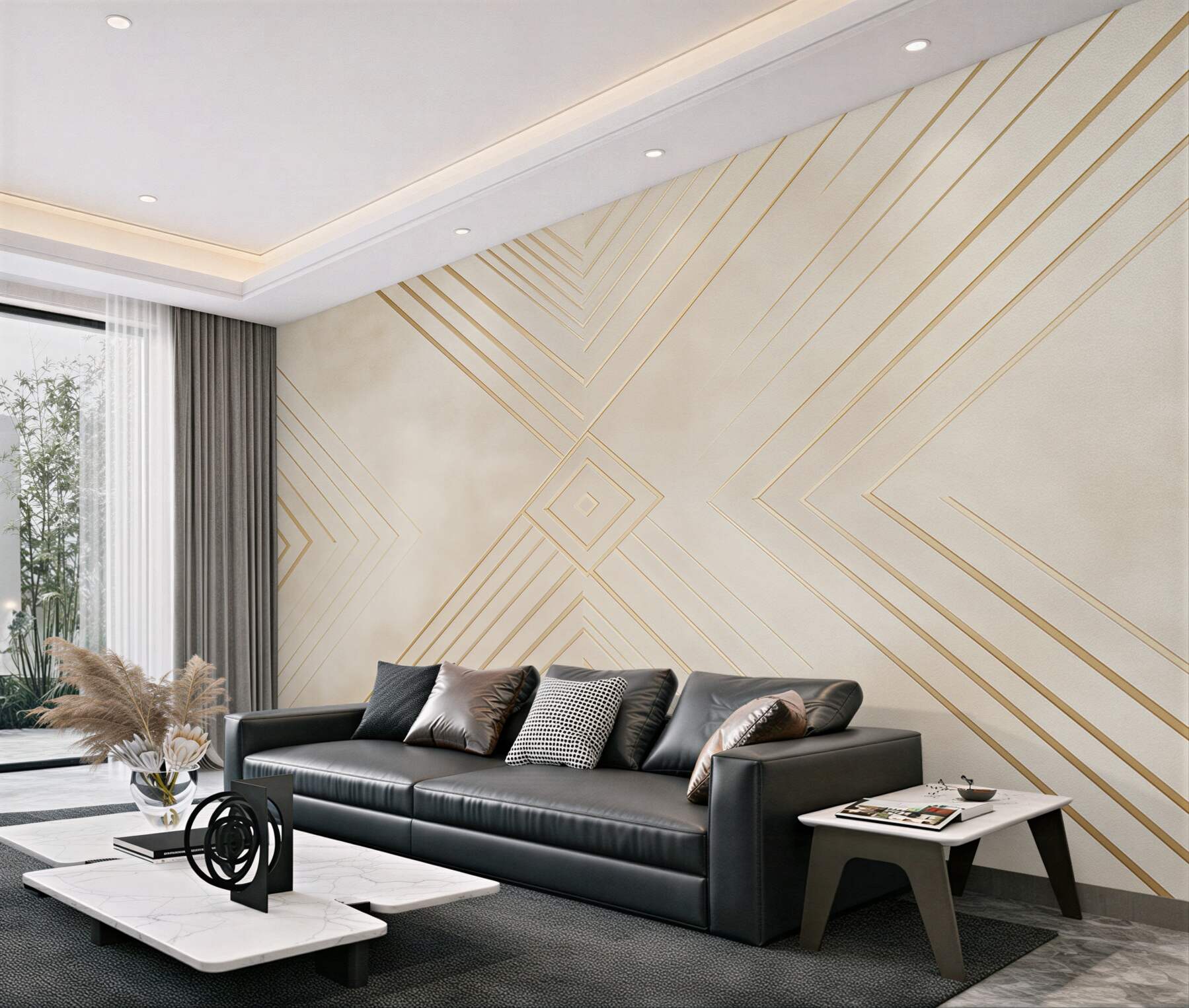 Fototapeta geometryczny art deco beżowa ze złotymi liniami do salonu?v23