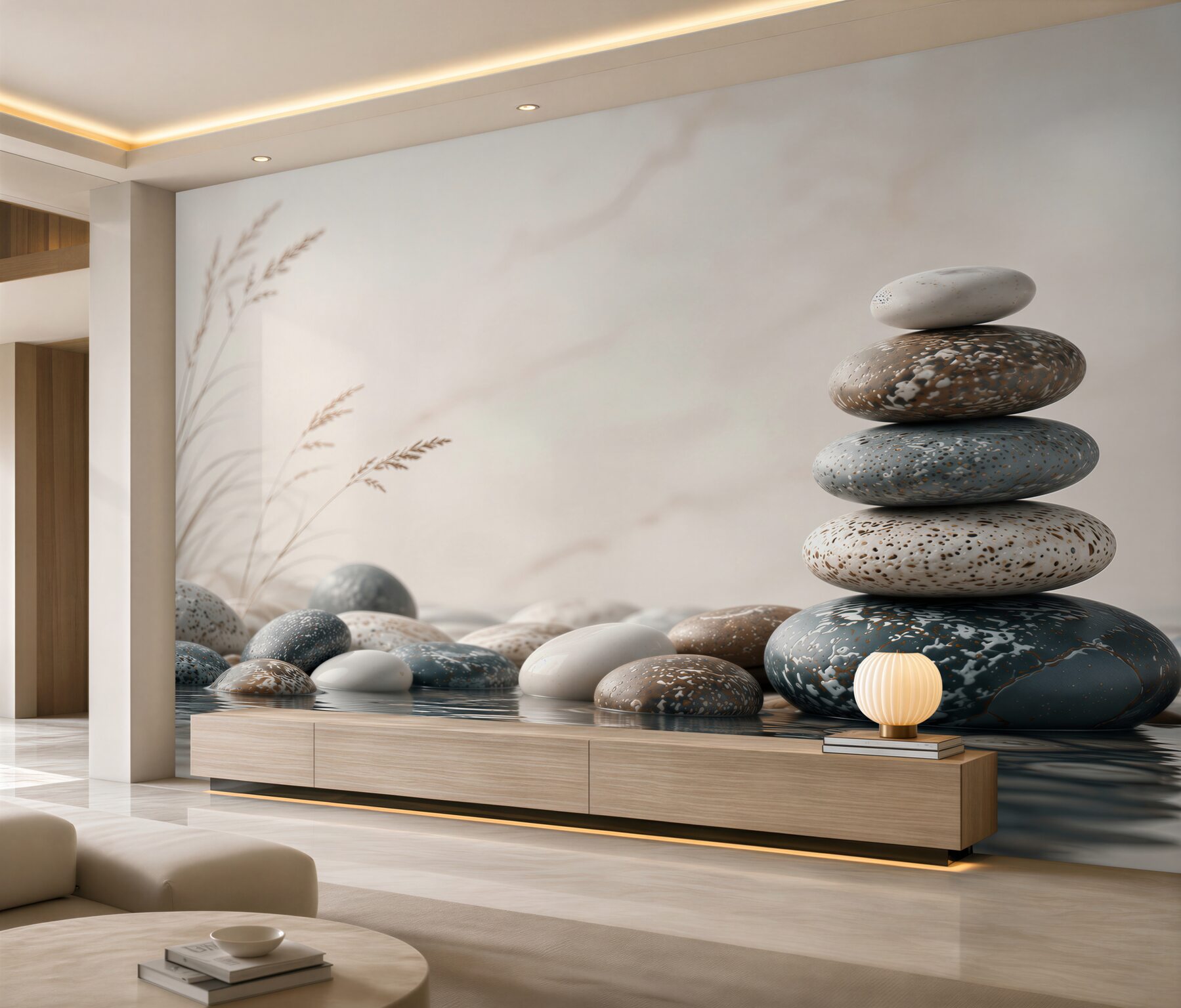 Fototapeta kamienie zen nad wodą beżowo-szare spokojny motyw spa?v23