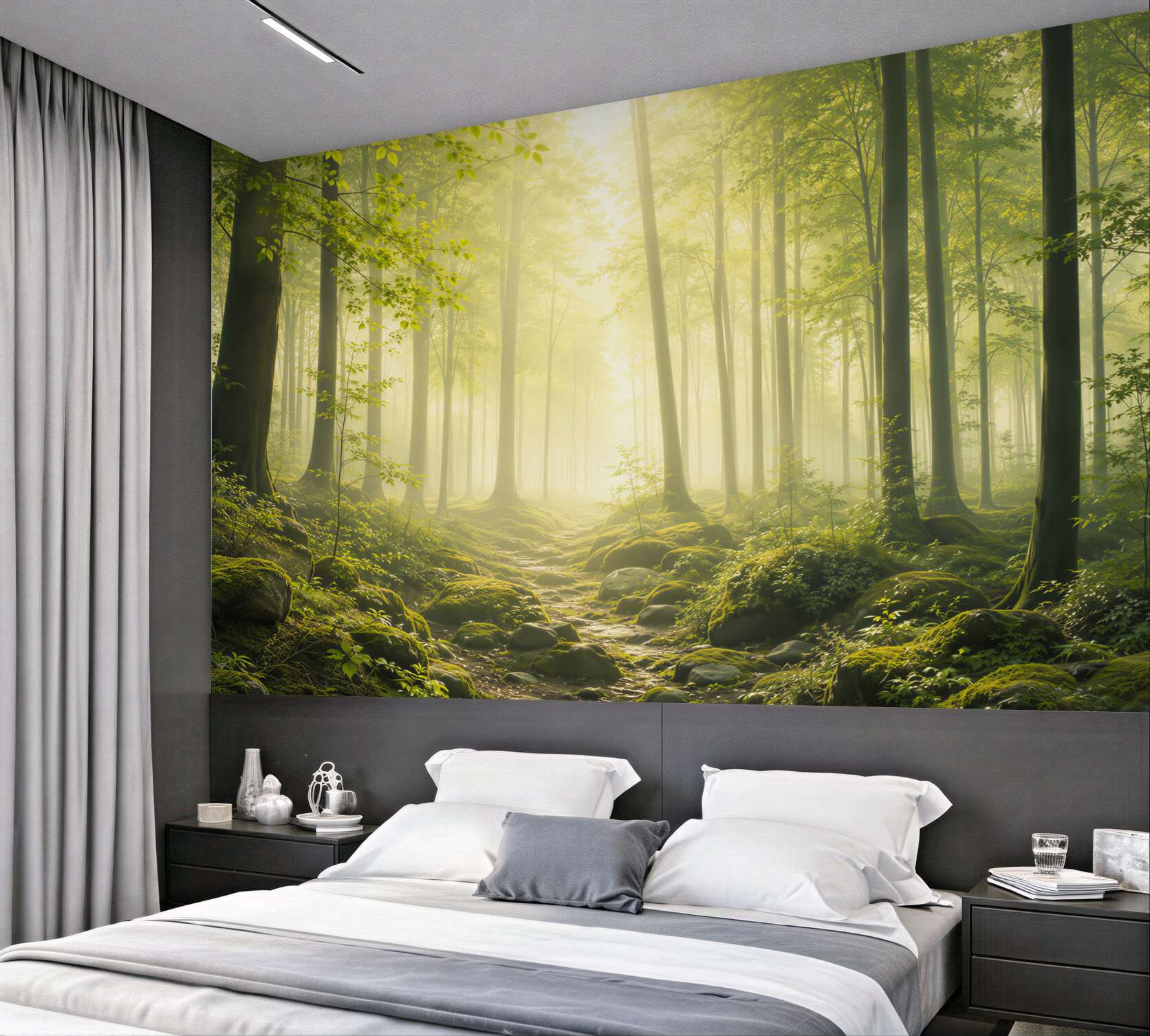 Fototapeta zielony las we mgle ze słonecznym światłem relaksująca?v23