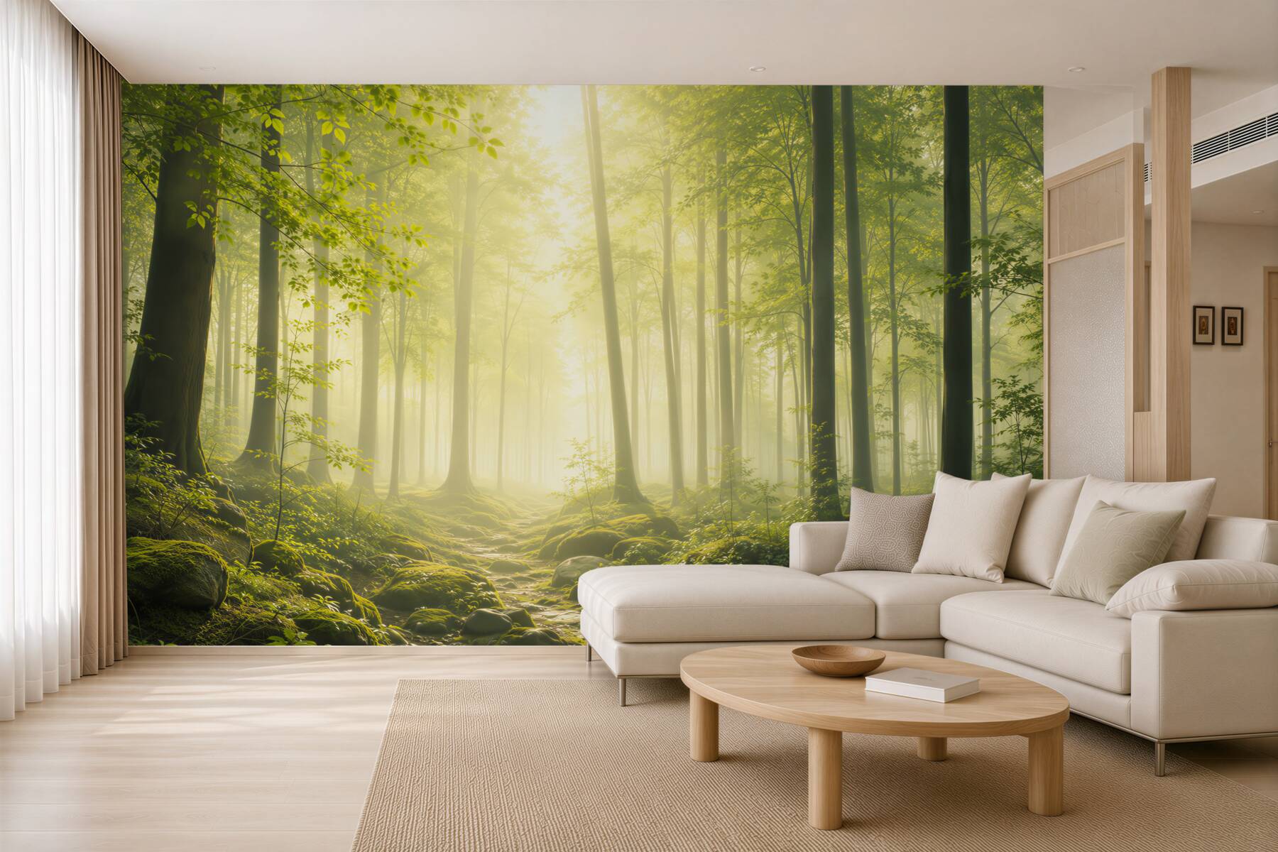 Fototapeta zielony las we mgle ze słonecznym światłem relaksująca?v23