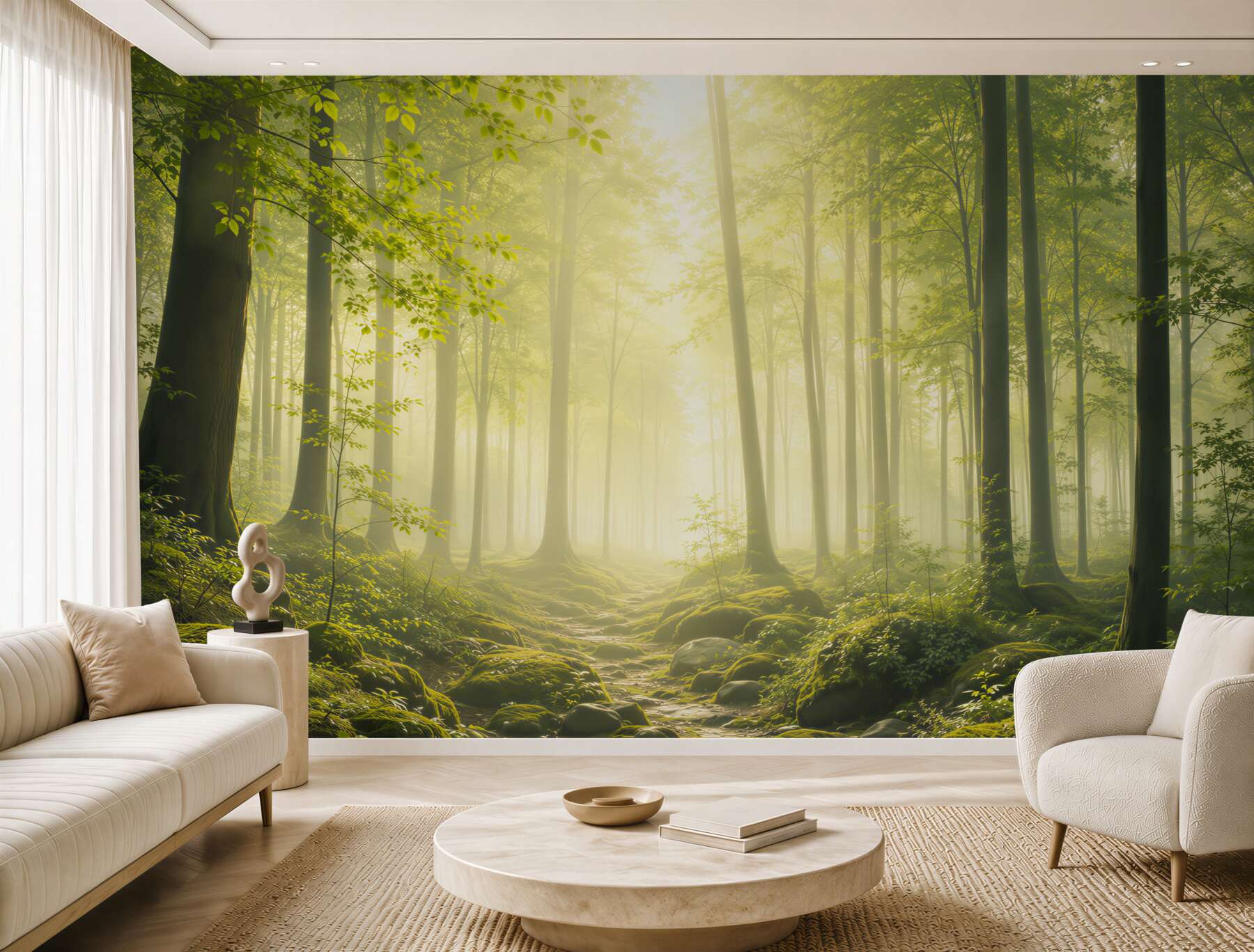 Fototapeta zielony las we mgle ze słonecznym światłem relaksująca?v23