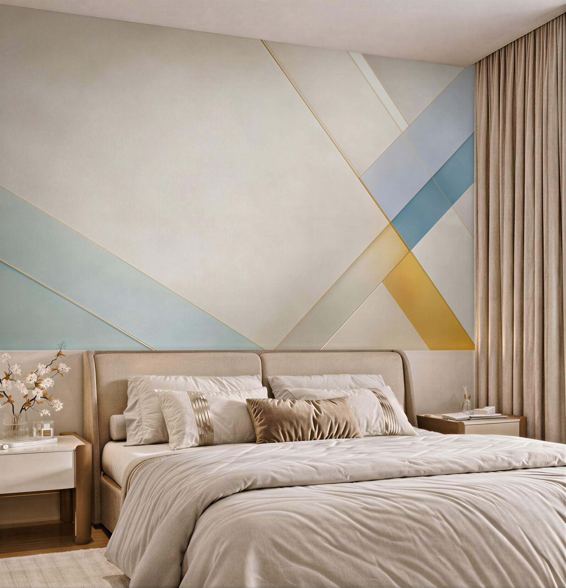 Fototapeta geometryczna abstrakcja beżowa z błękitem i złotymi liniami?v23