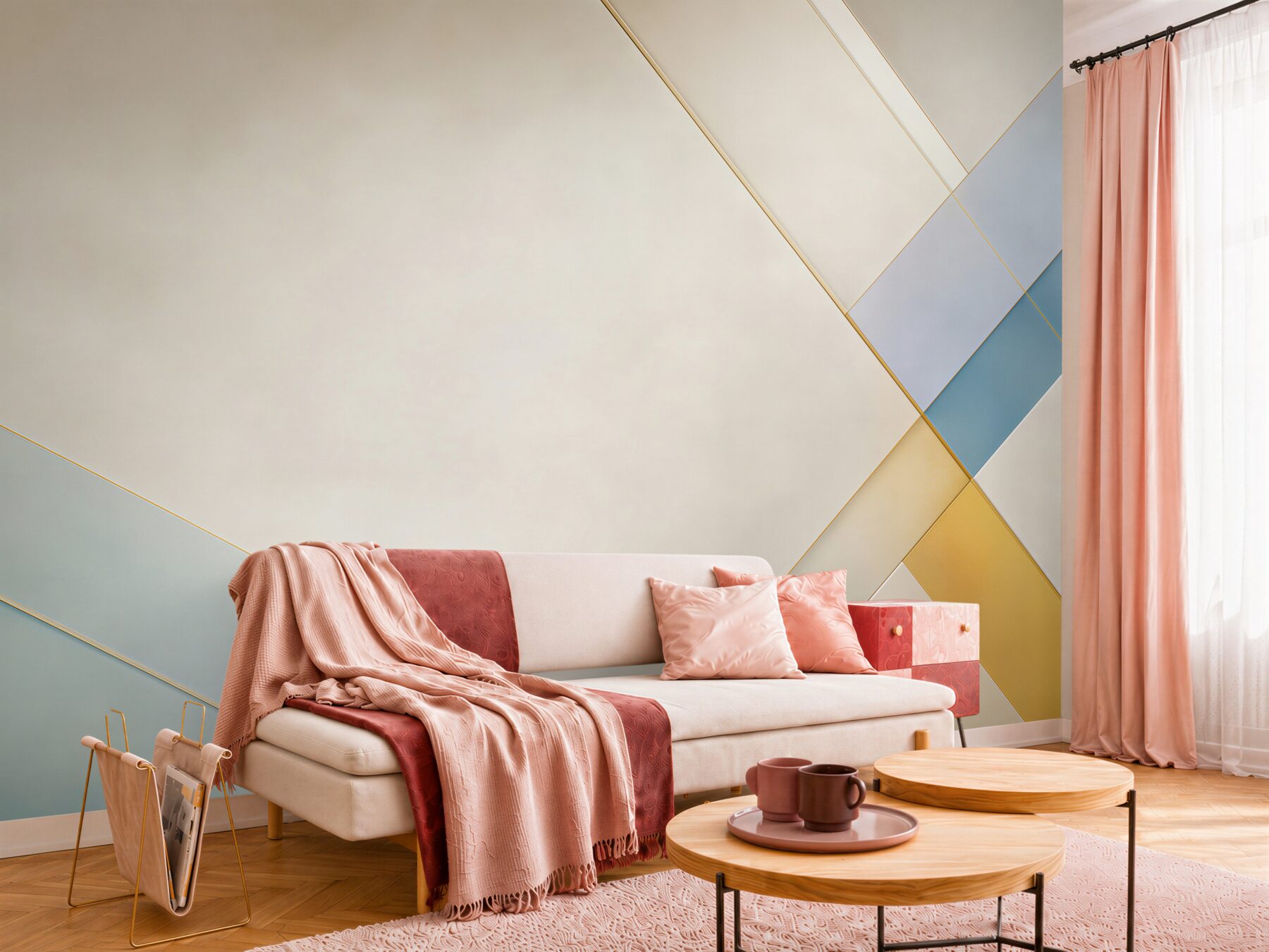 Fototapeta geometryczna abstrakcja beżowa z błękitem i złotymi liniami?v23