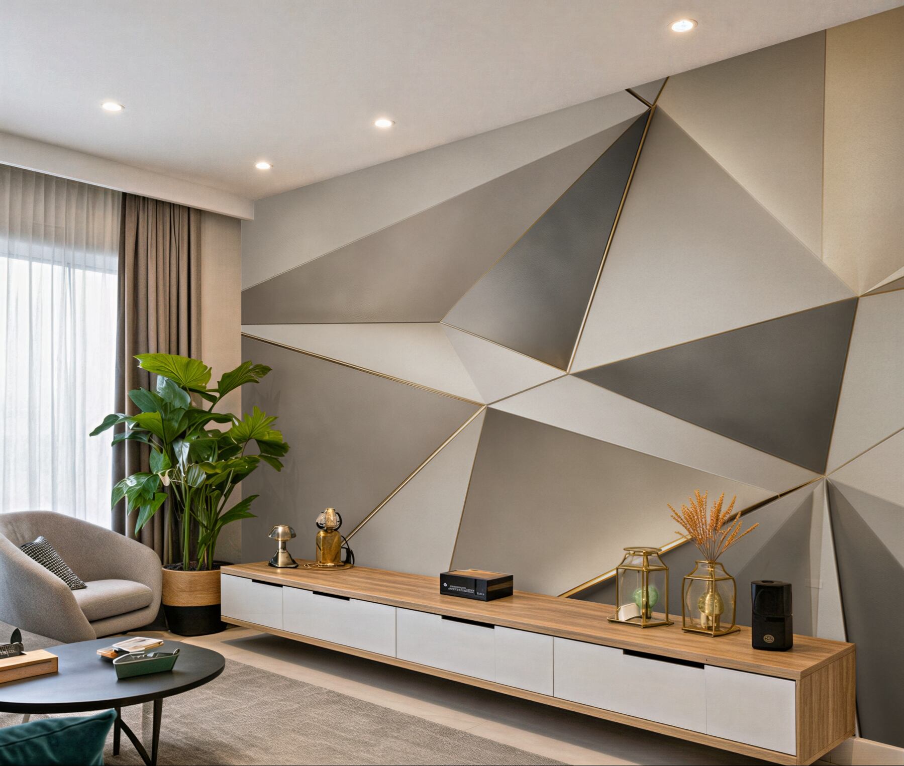 Fototapeta geometryczne trójkąty beżowo złote eleganckie do nowoczesnego salonu?v23