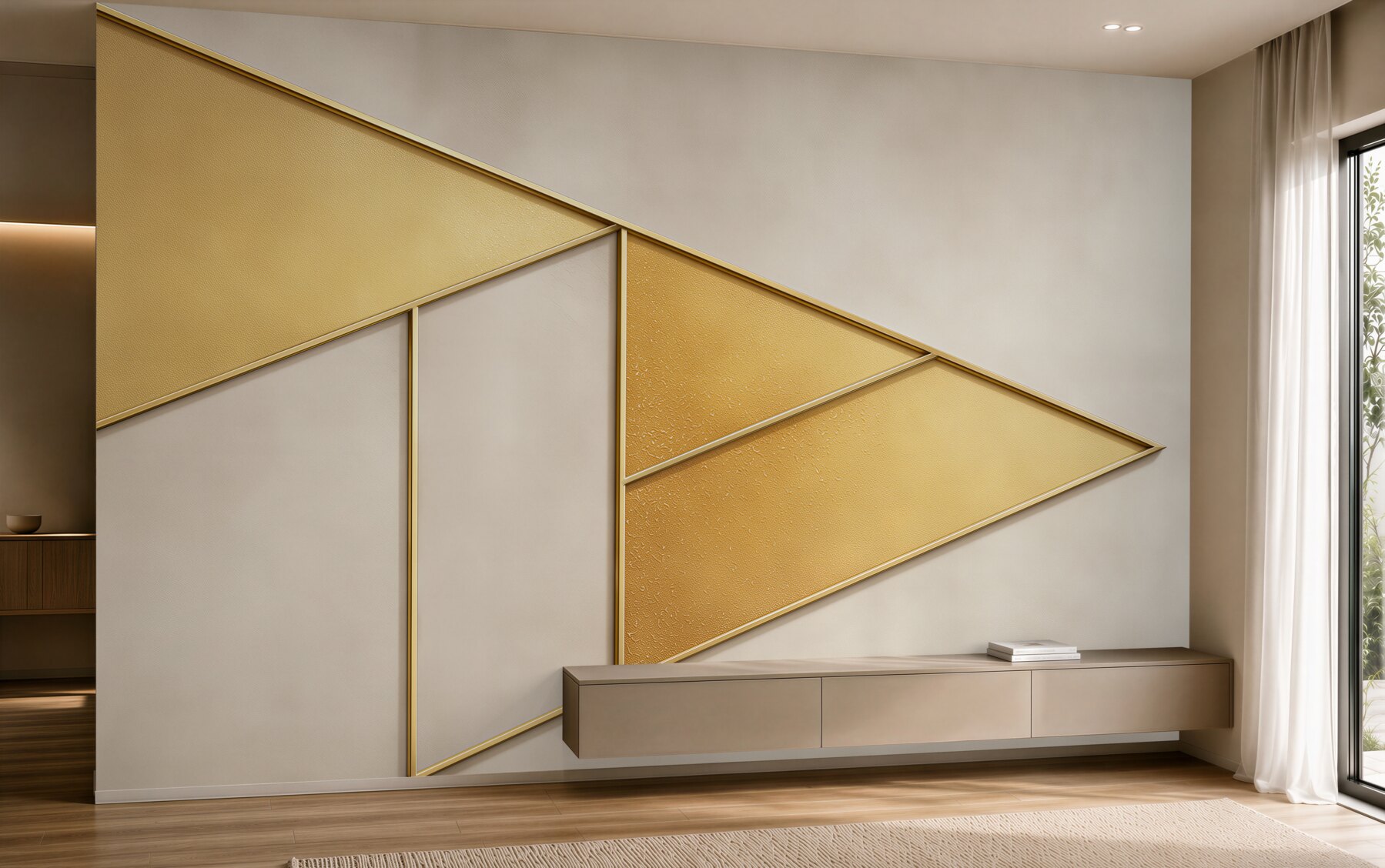 Fototapeta geometryczne panele złote i beżowe eleganckie do salonu?v23