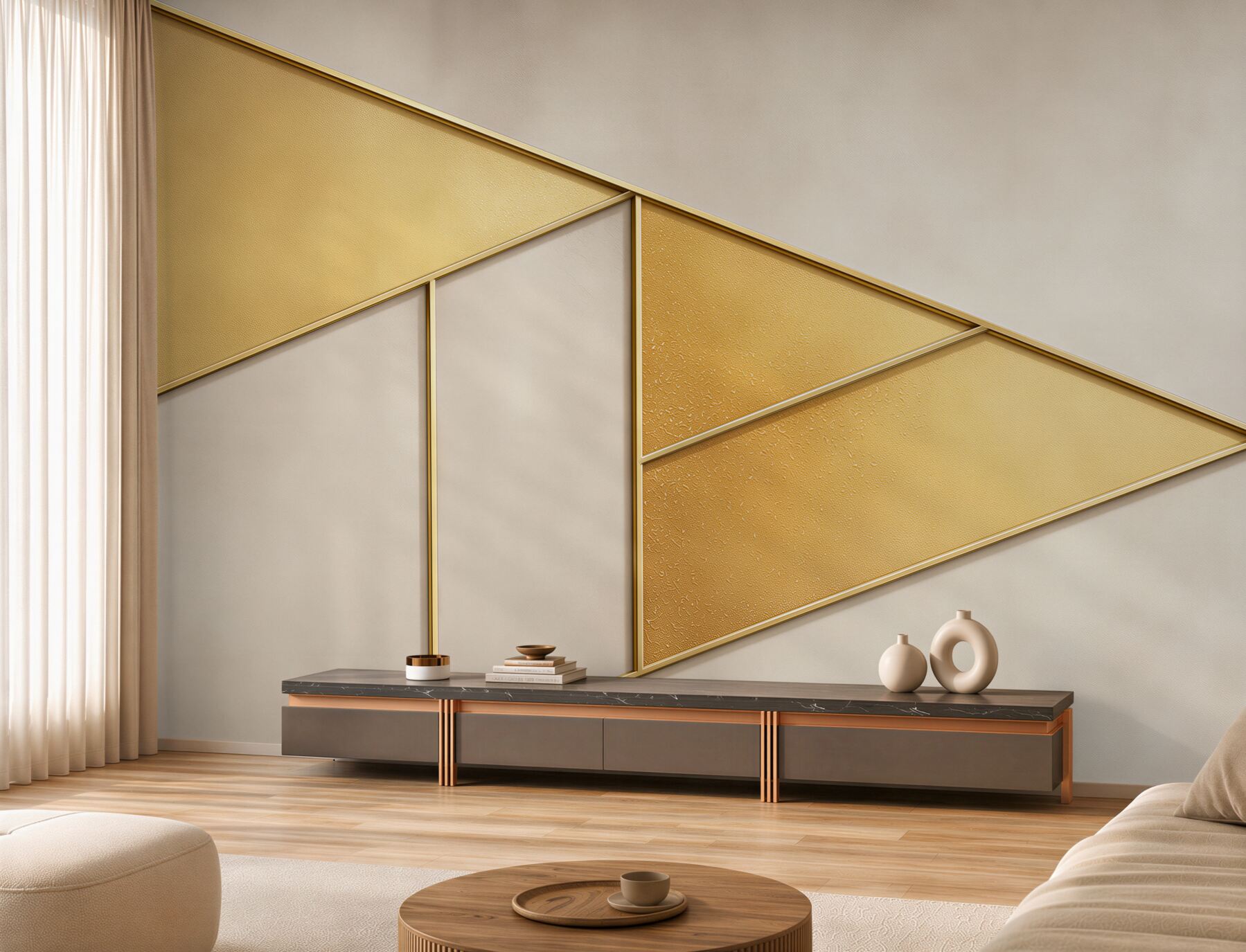 Fototapeta geometryczne panele złote i beżowe eleganckie do salonu?v23