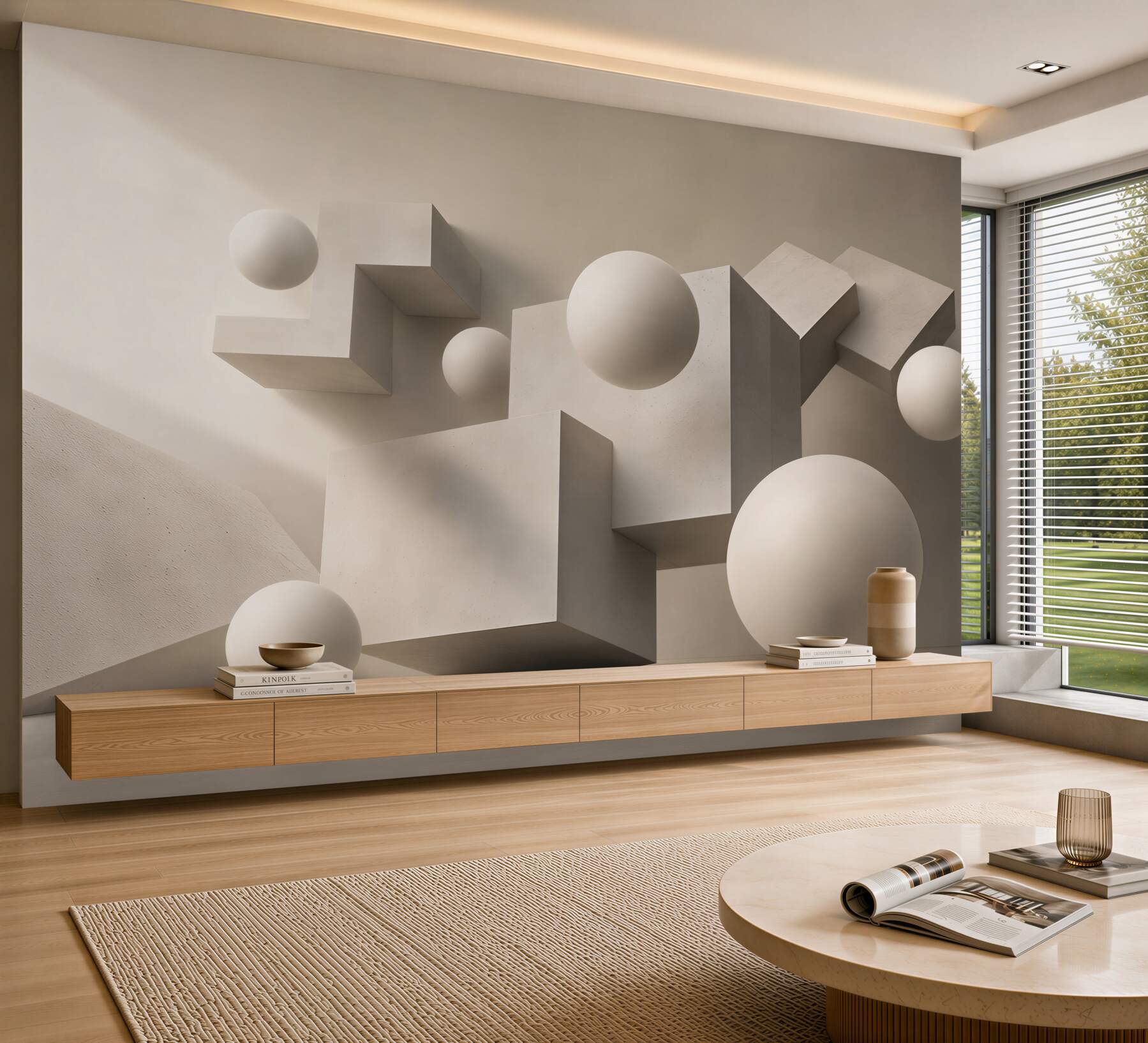 Fototapeta abstrakcyjne bryły i kule beżowe 3D minimalistyczna?v23