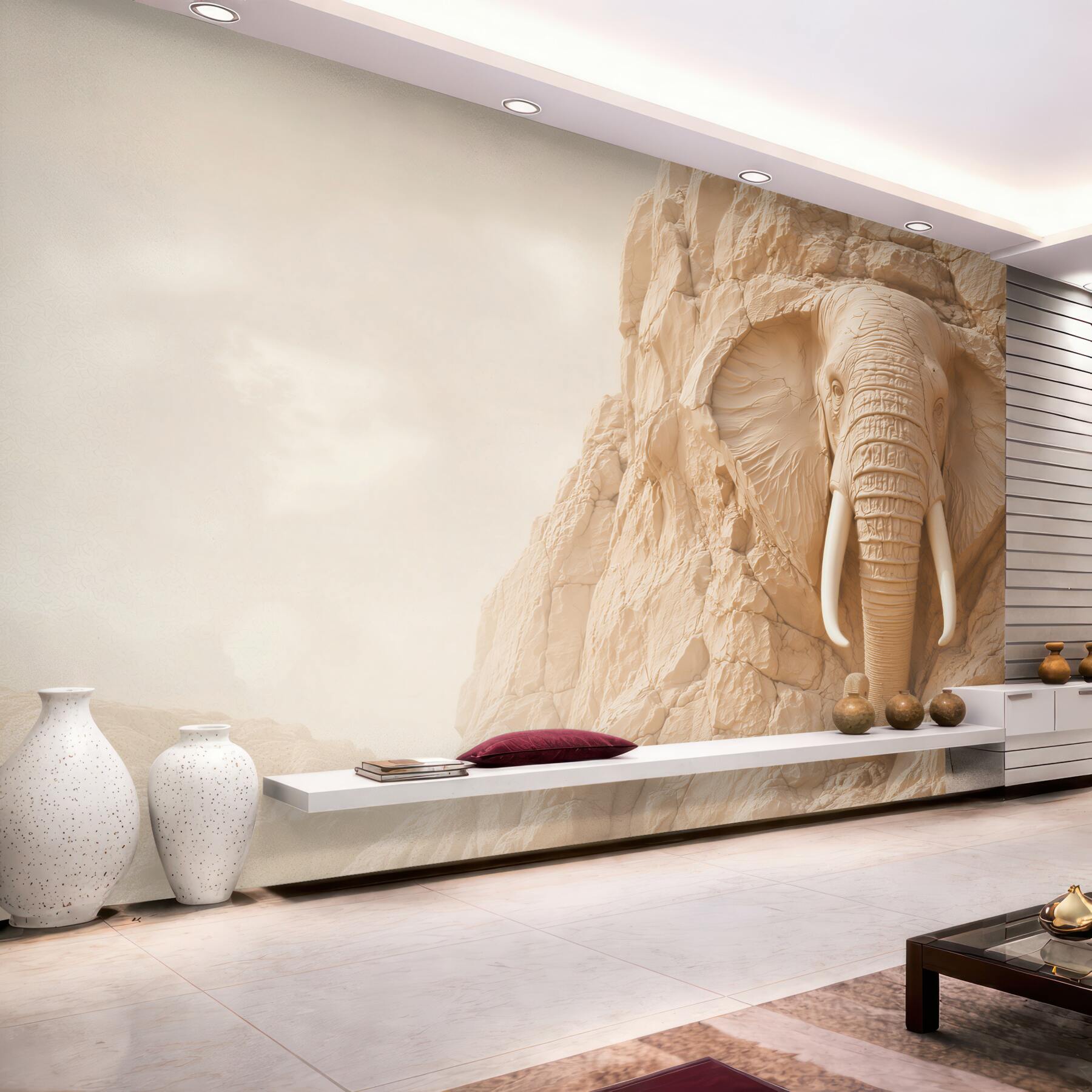 Fototapeta słoń w skale beżowy relief 3D do eleganckiego salonu?v23