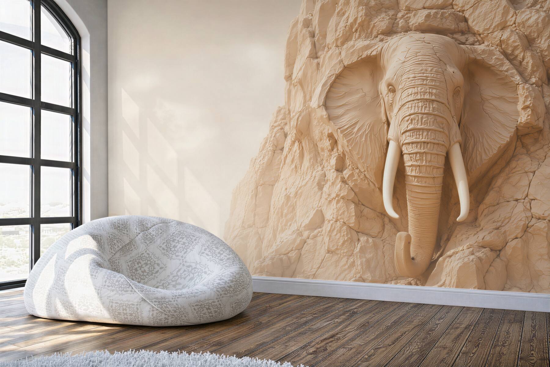 Fototapeta słoń w skale beżowy relief 3D do eleganckiego salonu?v23