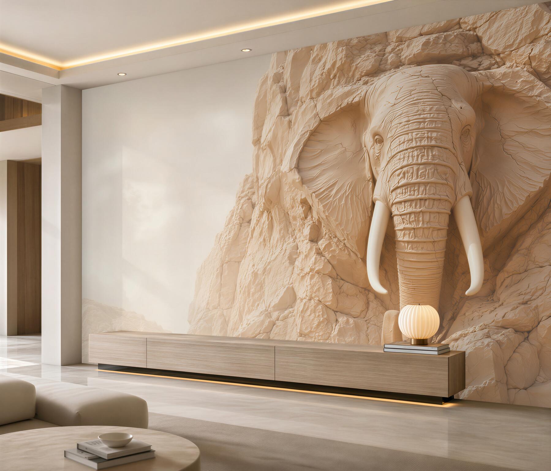 Fototapeta słoń w skale beżowy relief 3D do eleganckiego salonu