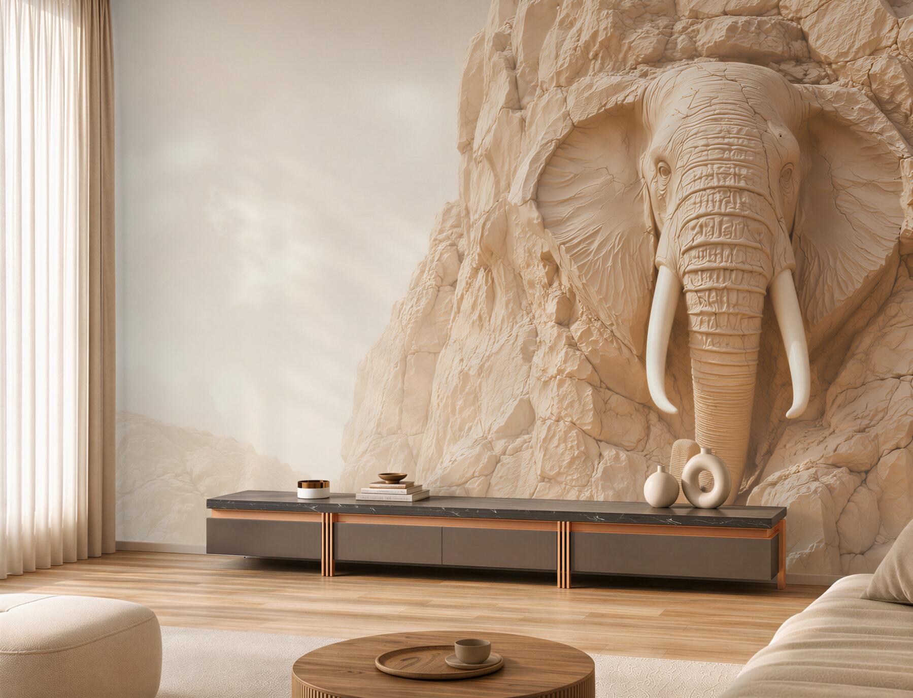 Fototapeta słoń w skale beżowy relief 3D do eleganckiego salonu?v23