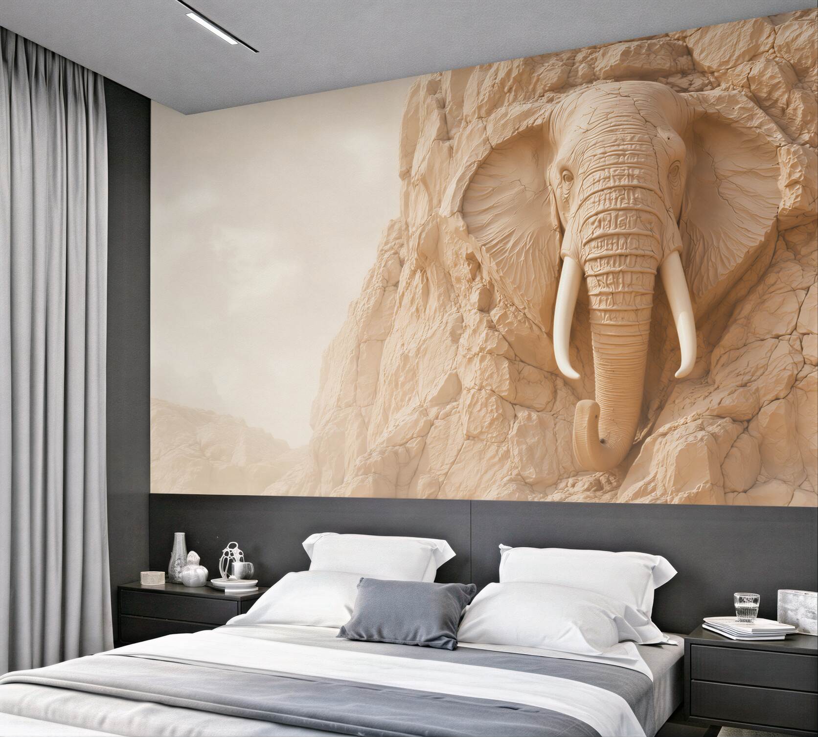 Fototapeta słoń w skale beżowy relief 3D do eleganckiego salonu?v23