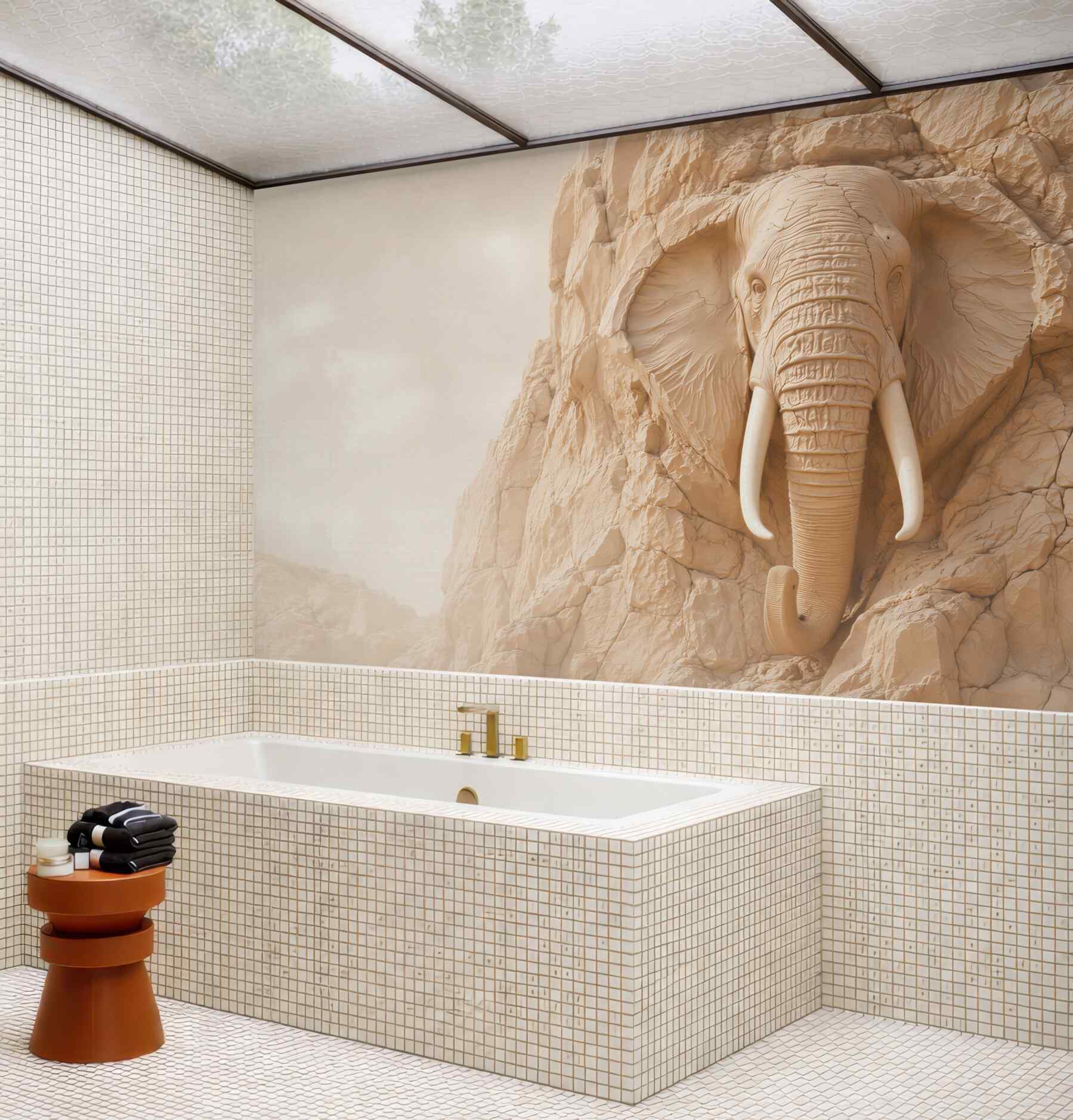 Fototapeta słoń w skale beżowy relief 3D do eleganckiego salonu?v23