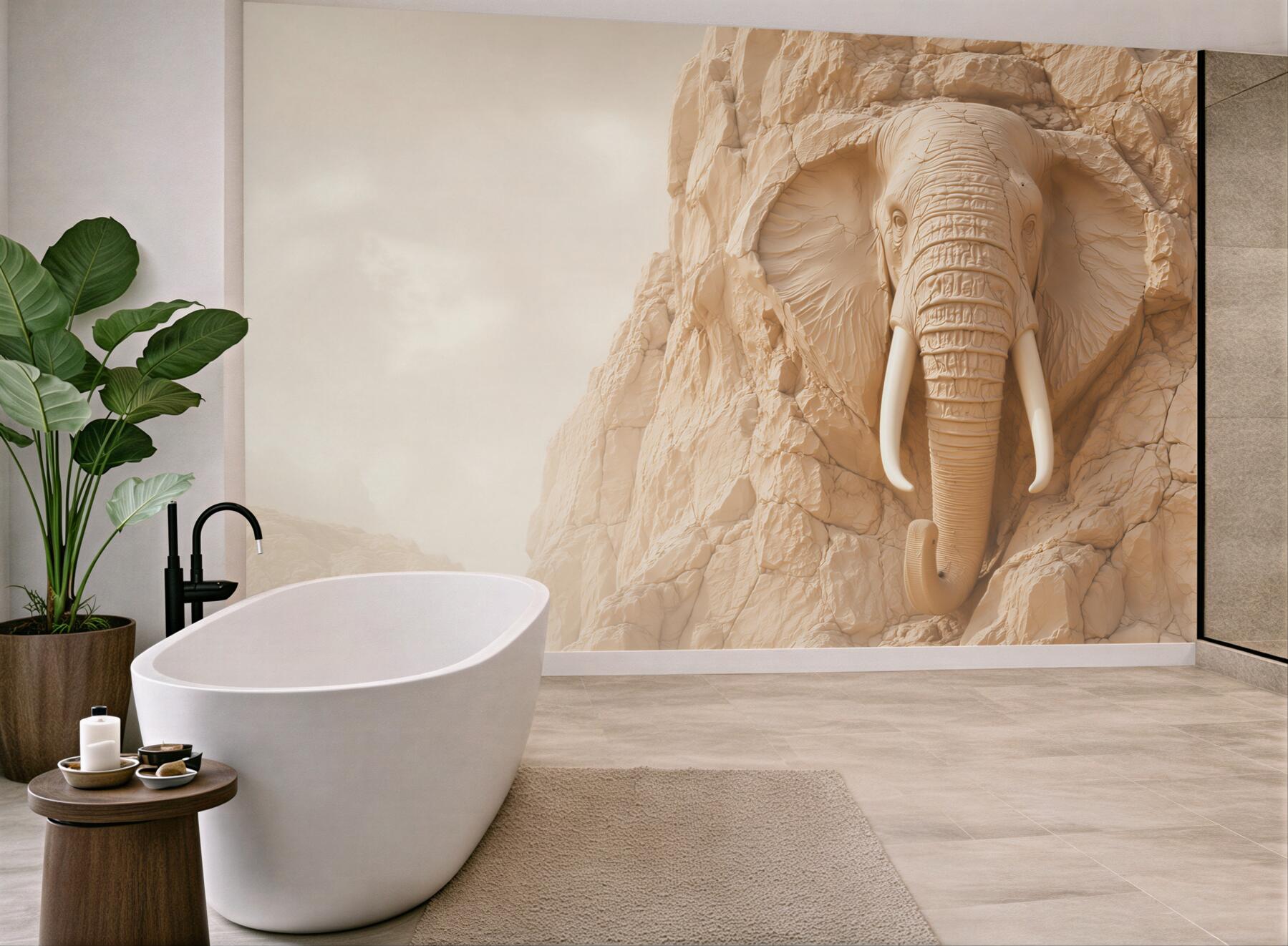 Fototapeta słoń w skale beżowy relief 3D do eleganckiego salonu?v23