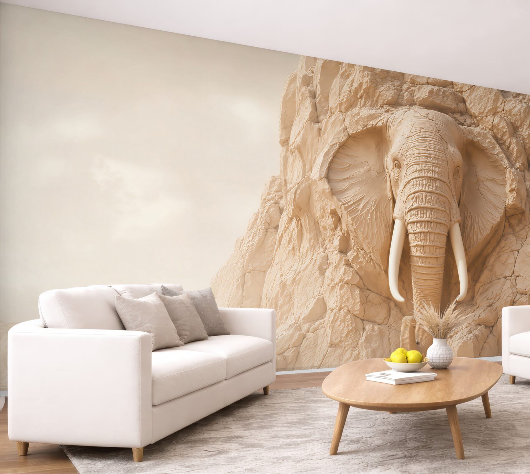 Fototapeta słoń w skale beżowy relief 3D do eleganckiego salonu?v23