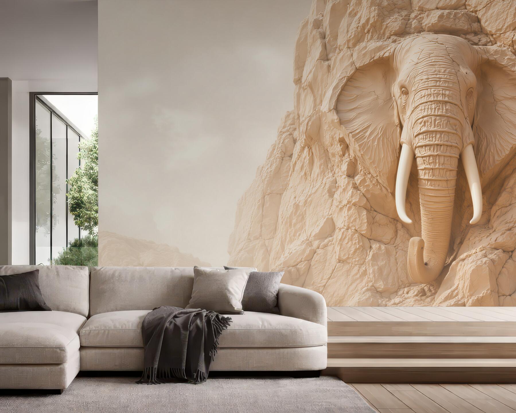 Fototapeta słoń w skale beżowy relief 3D do eleganckiego salonu?v23