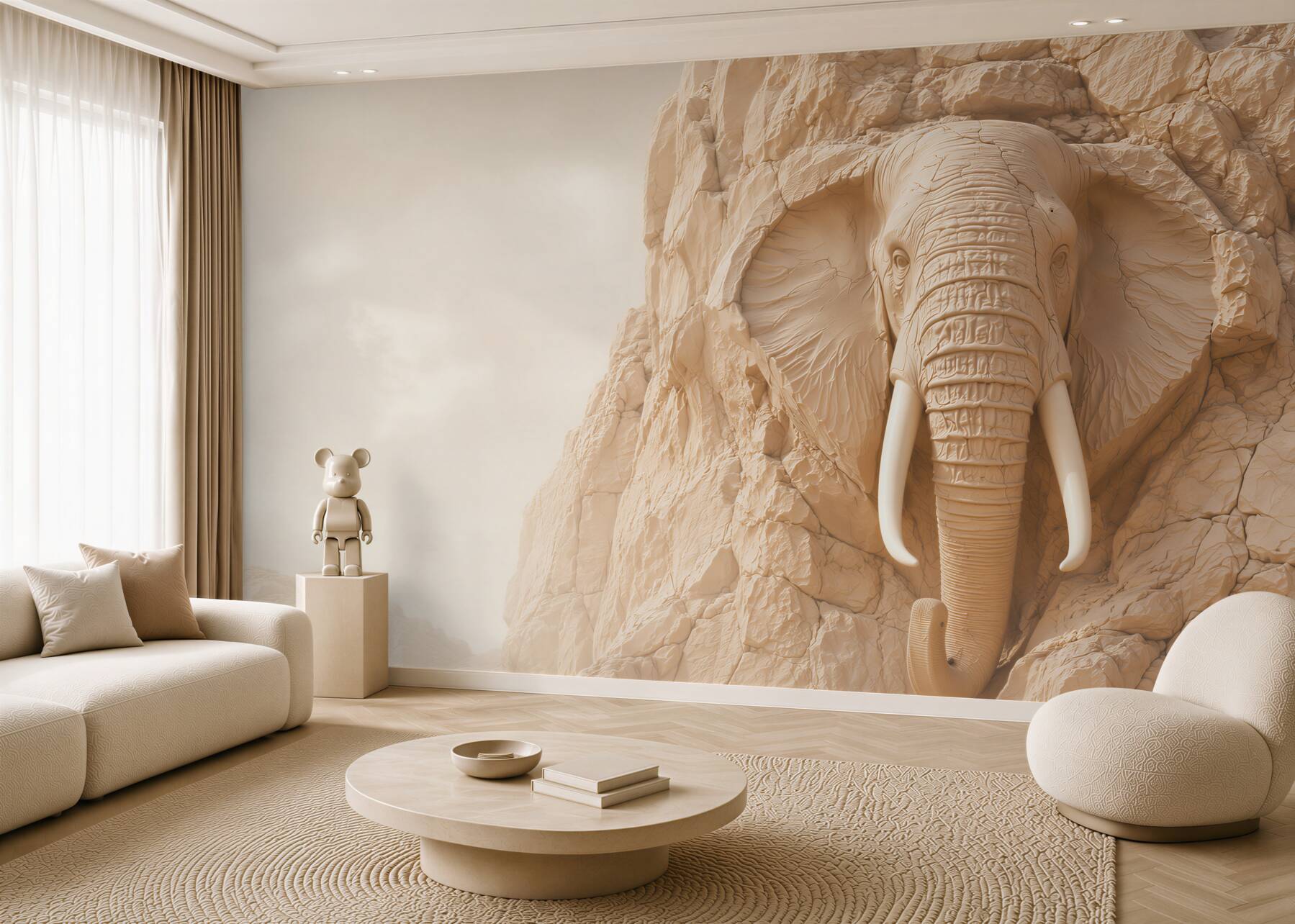 Fototapeta słoń w skale beżowy relief 3D do eleganckiego salonu?v23