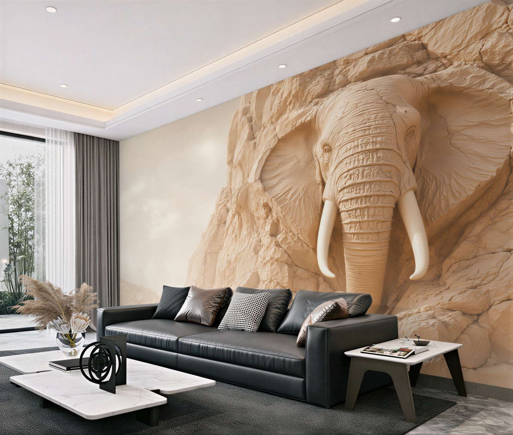 Fototapeta słoń w skale beżowy relief 3D do eleganckiego salonu?v23